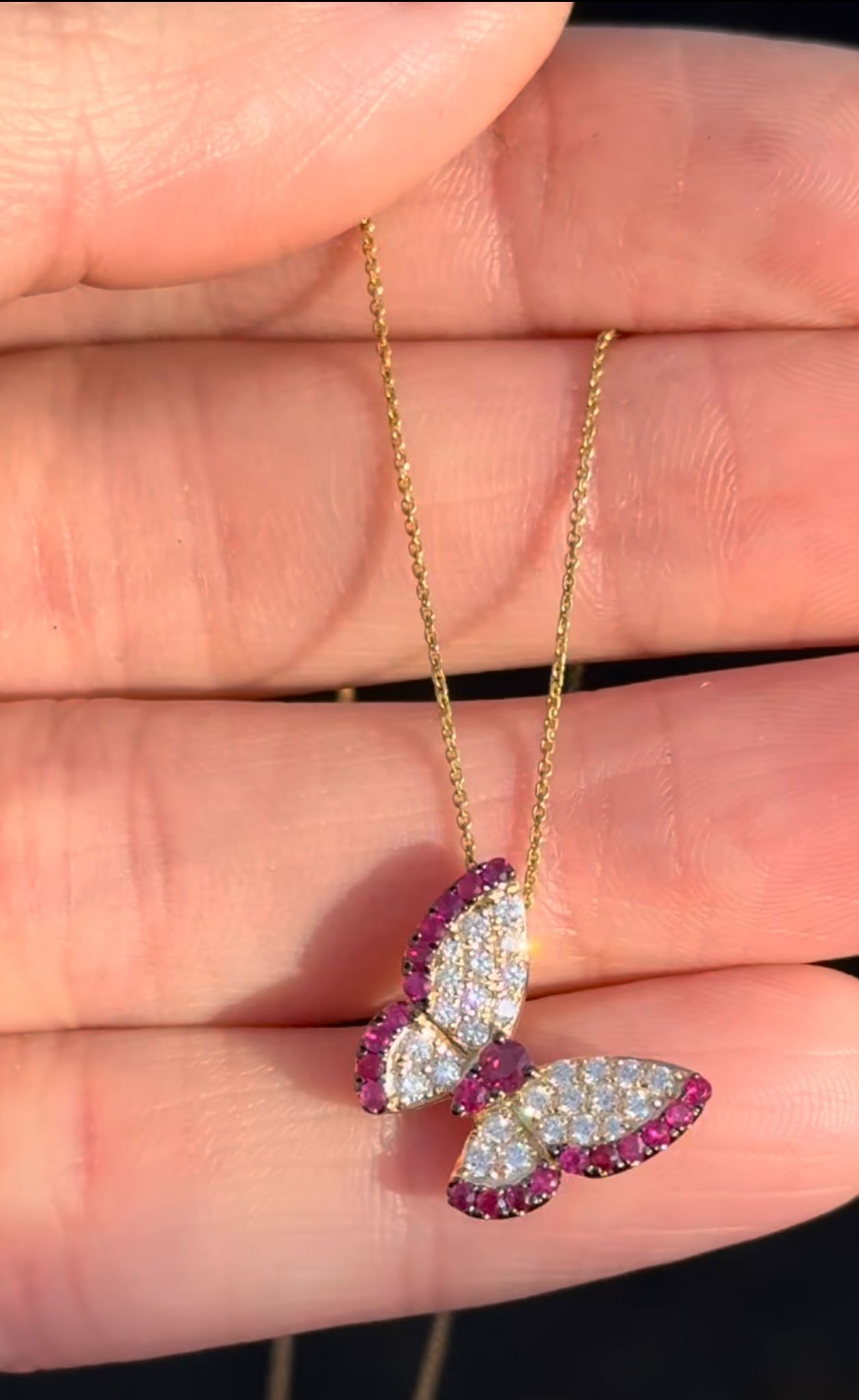 Yellow Gold Ruby & Diamond Butterfly Pendant & Chain