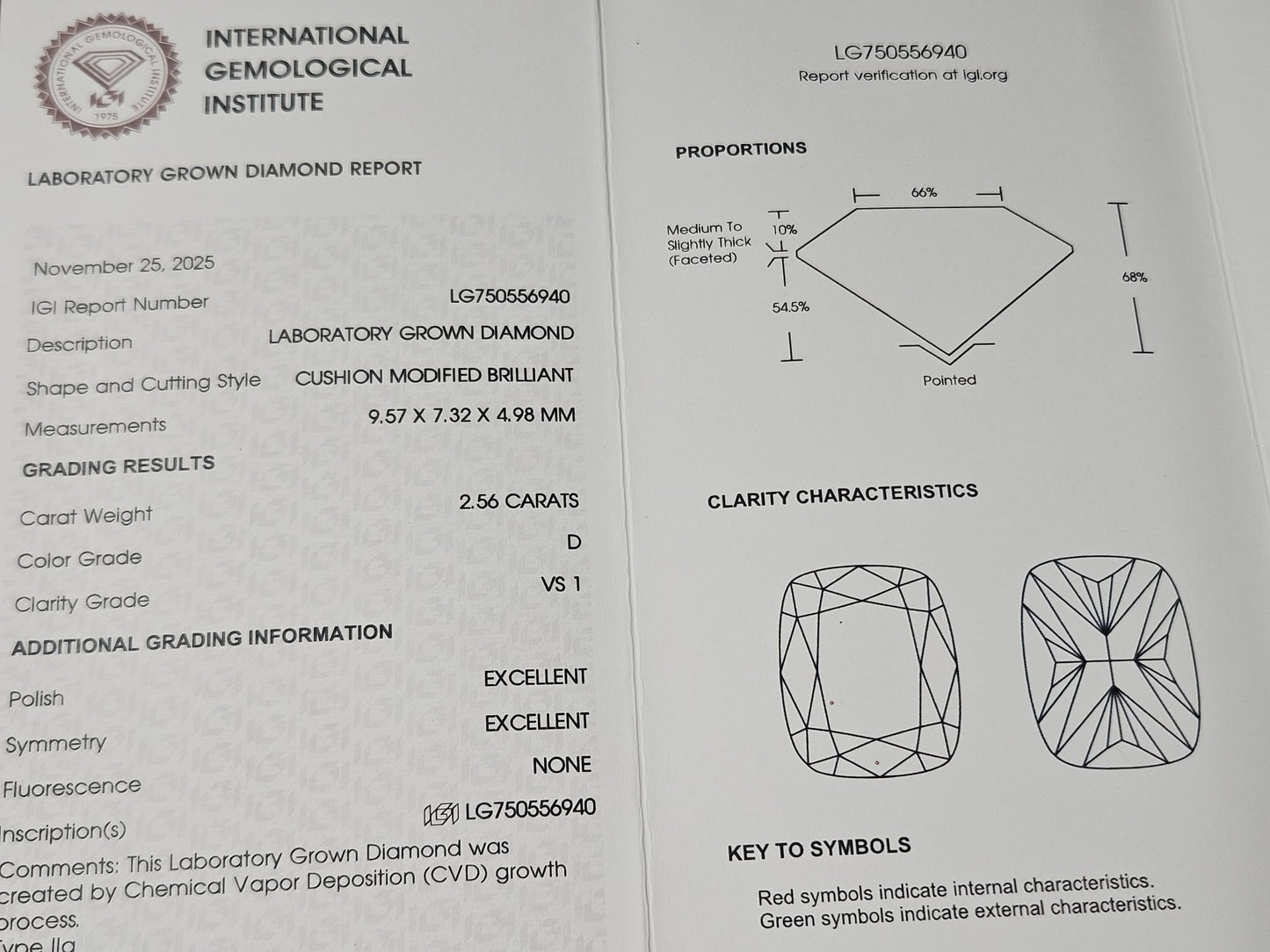 IGI 2.56CT CUSHION D VS1