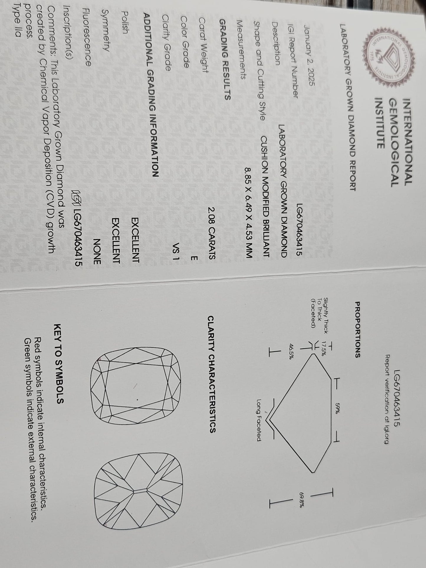 IGI 2.08CT OEC. LONG CUSHION E VS1