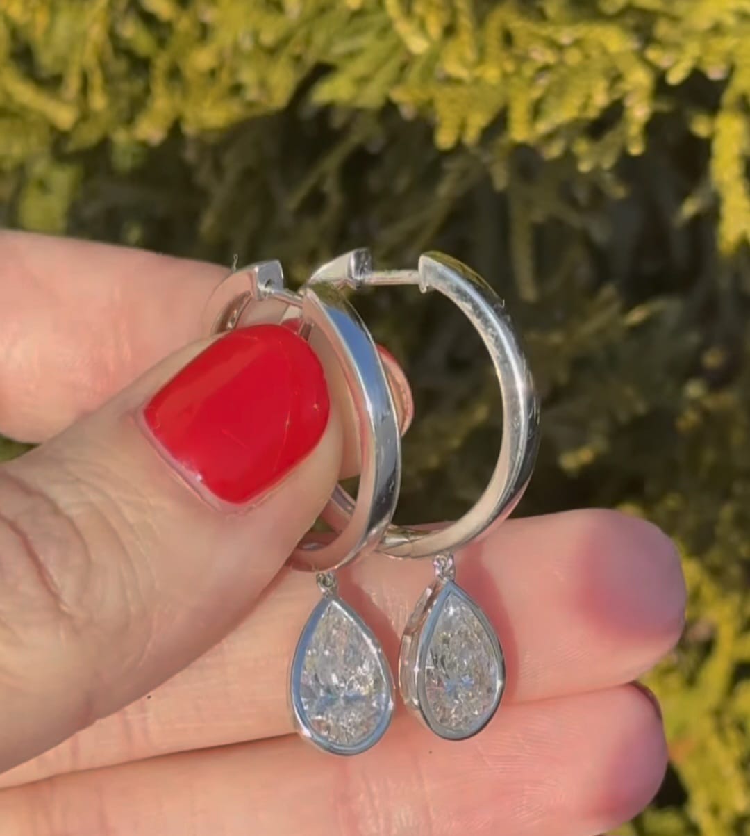 White Gold Hoops with dangling bezel set pear lab diamond
