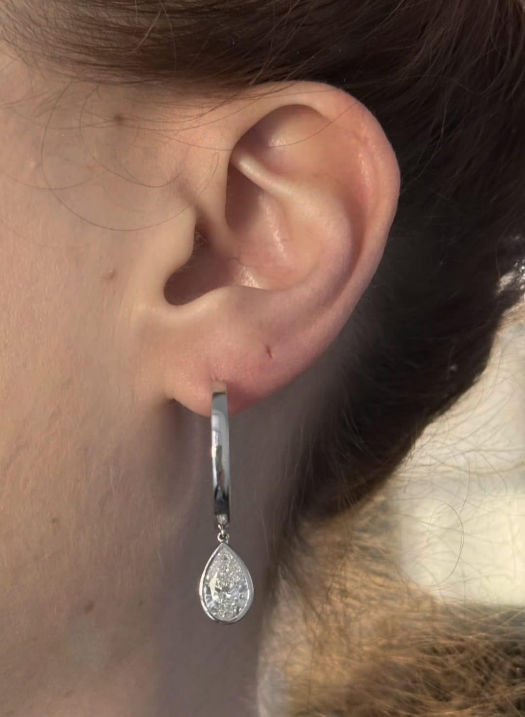 White Gold Hoops with dangling bezel set pear lab diamond