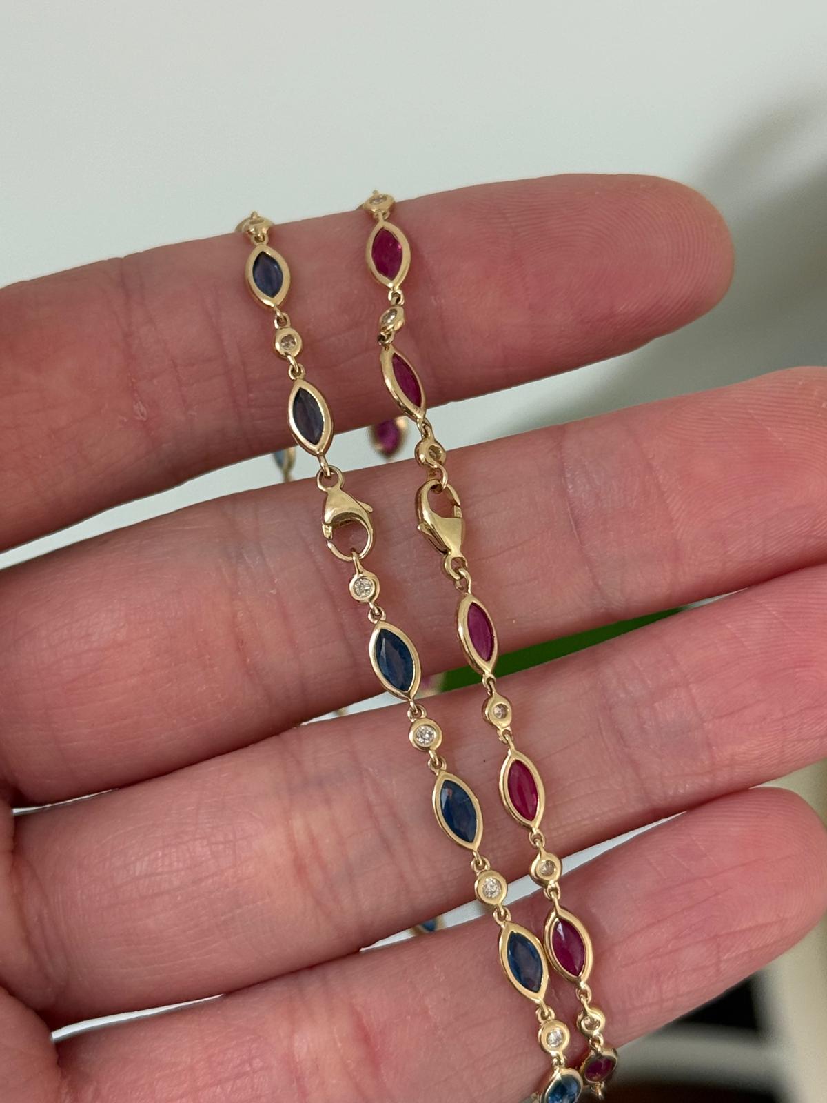 Yellow Gold Bezel Set Ruby & Diamond & Sapphire Bracelet