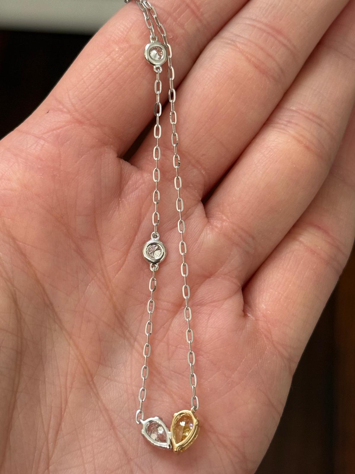 White Gold White Pear & Round Lab Diamond & Yellow Pear Lab Diamond 17" Necklace