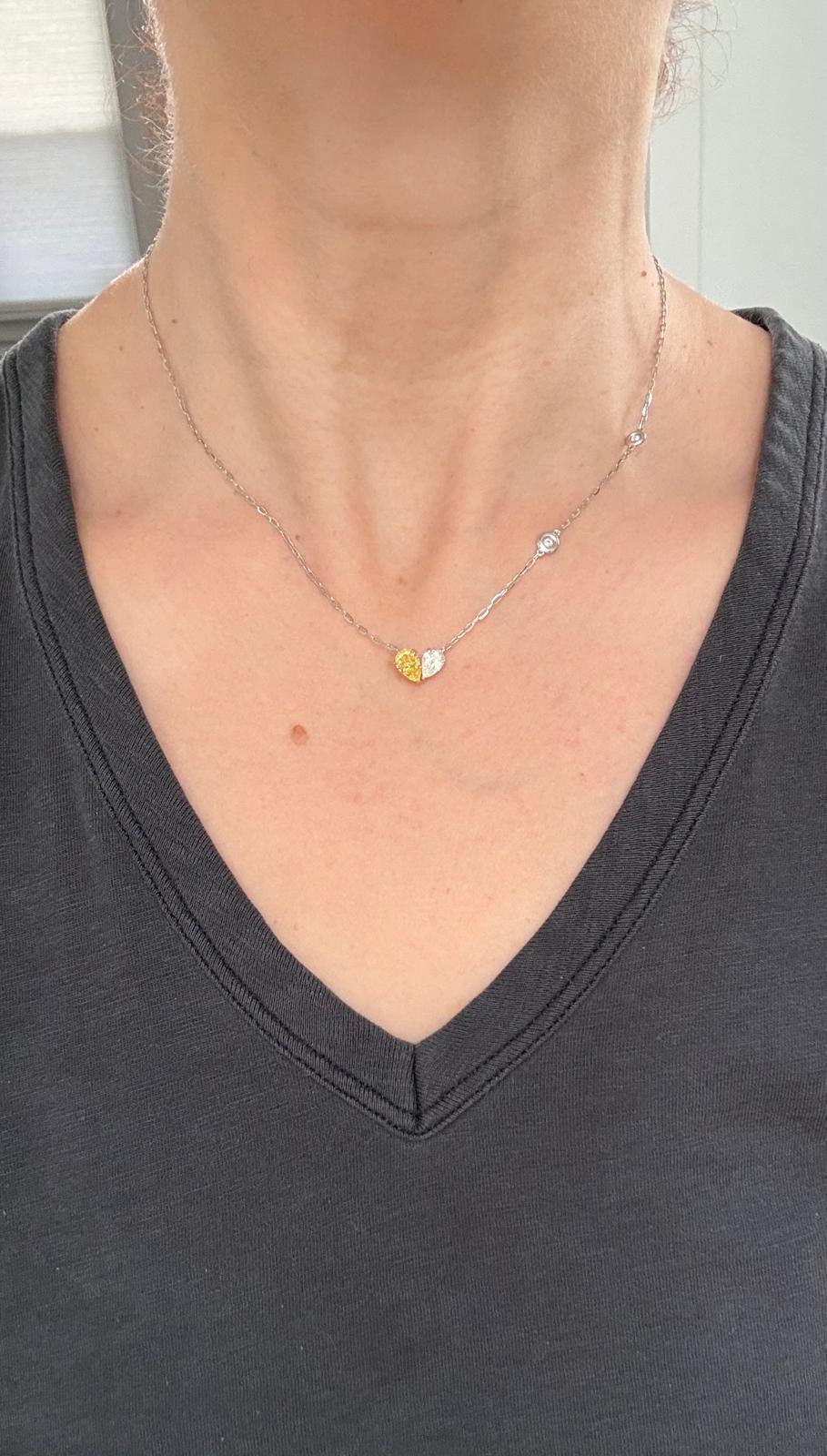 White Gold White Pear & Round Lab Diamond & Yellow Pear Lab Diamond 17" Necklace