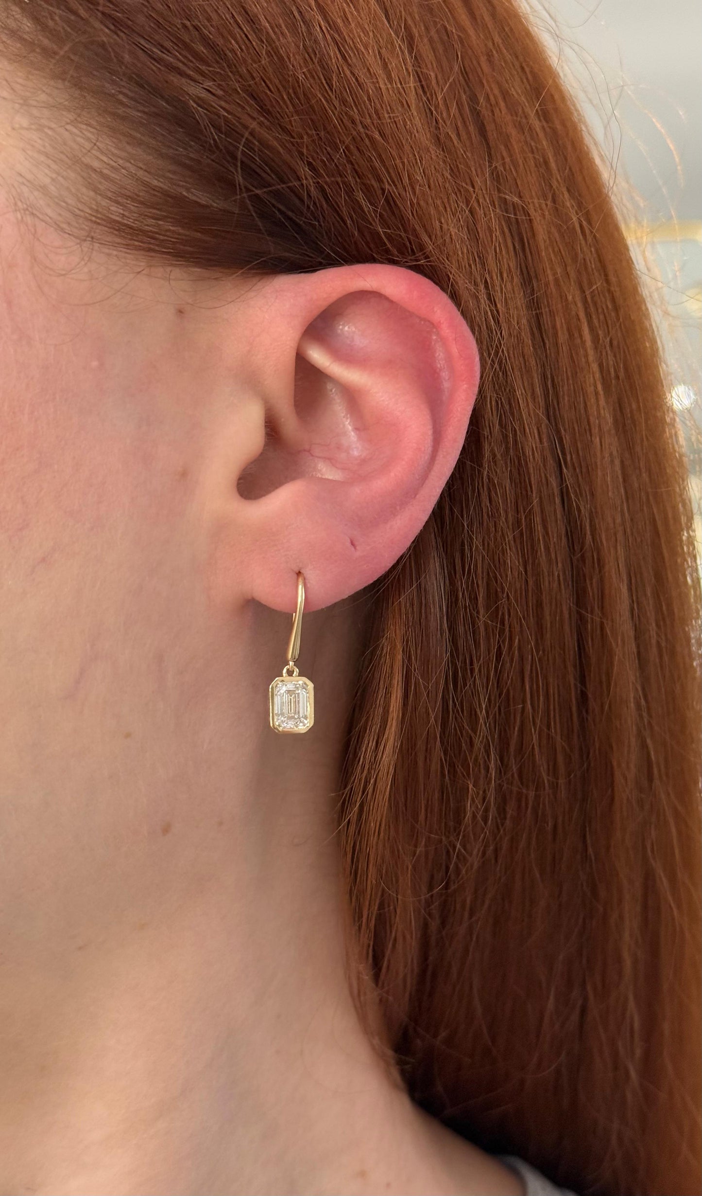 Yellow Gold Bezel Set Emerald Lab Diamond Hook Earrings
