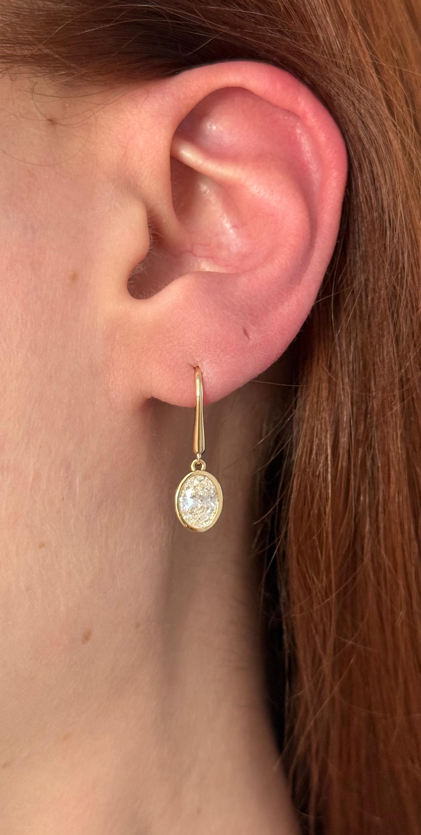 Yellow Gold Bezel Set Oval Lab Diamond Hook Back Earrings