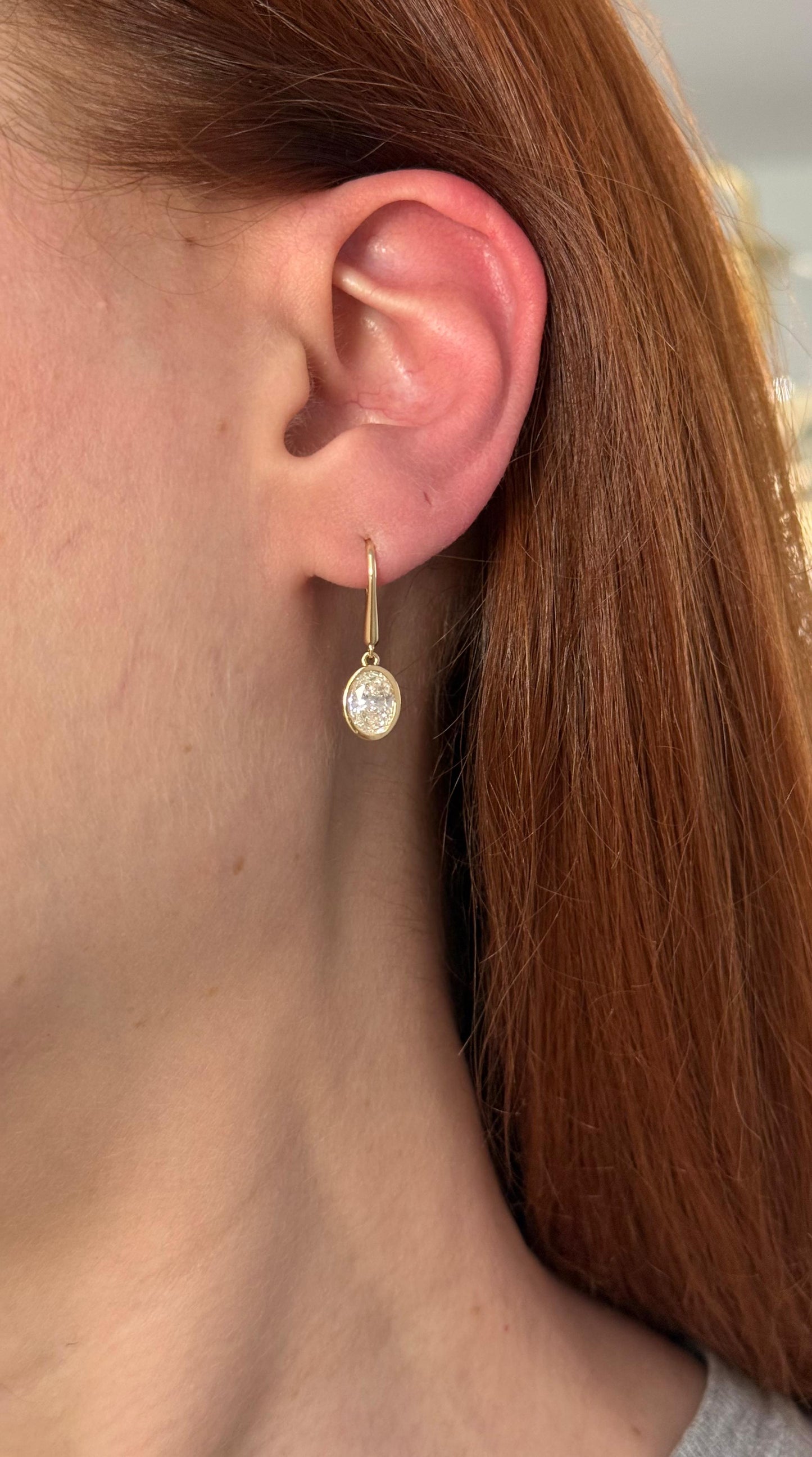 Yellow Gold Bezel Set Oval Lab Diamond Hook Back Earrings