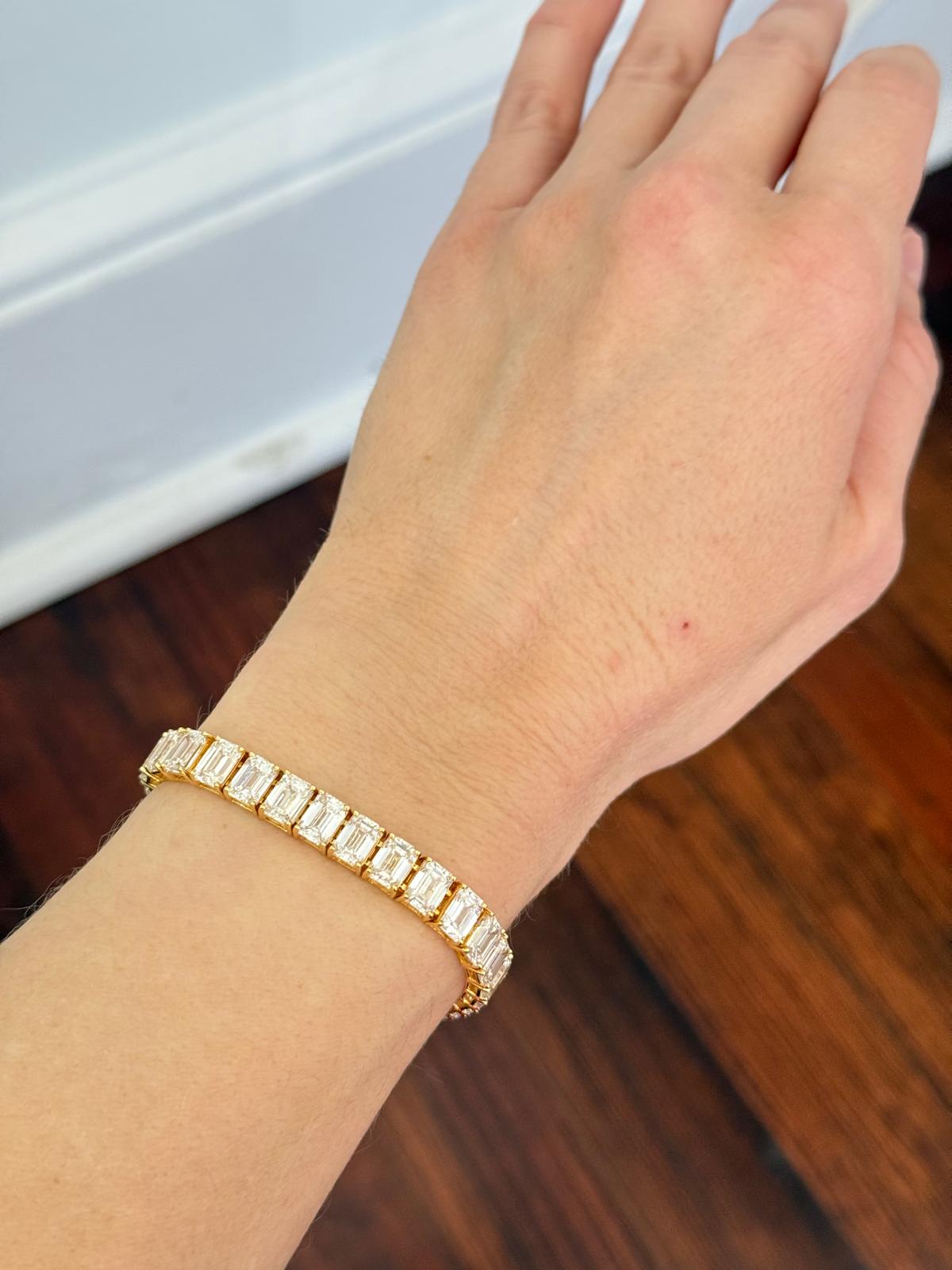 Yellow Gold 34.45ct Emerald cut Lab Diamond 7" Bracelet