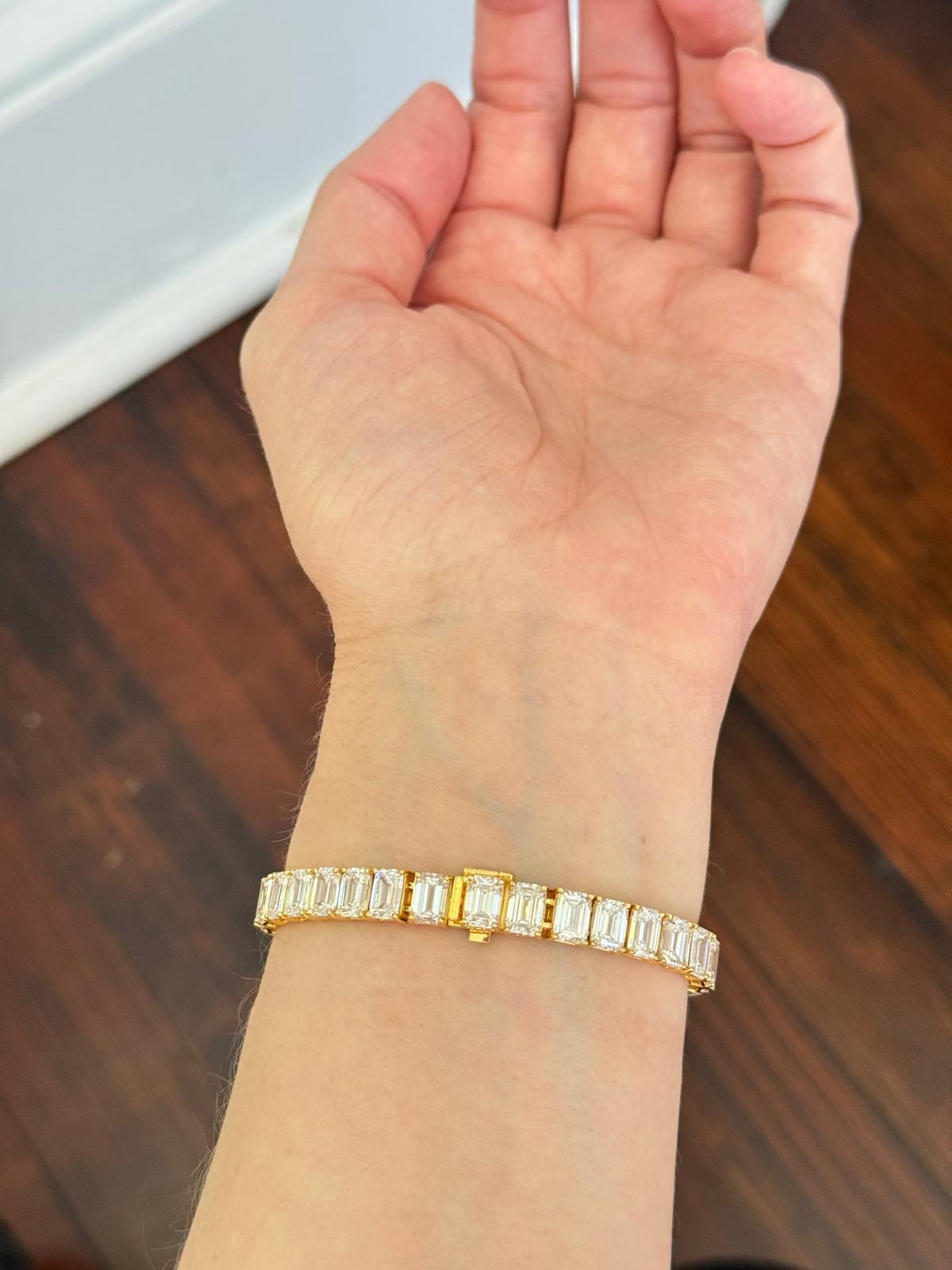 Yellow Gold 34.45ct Emerald cut Lab Diamond 7" Bracelet