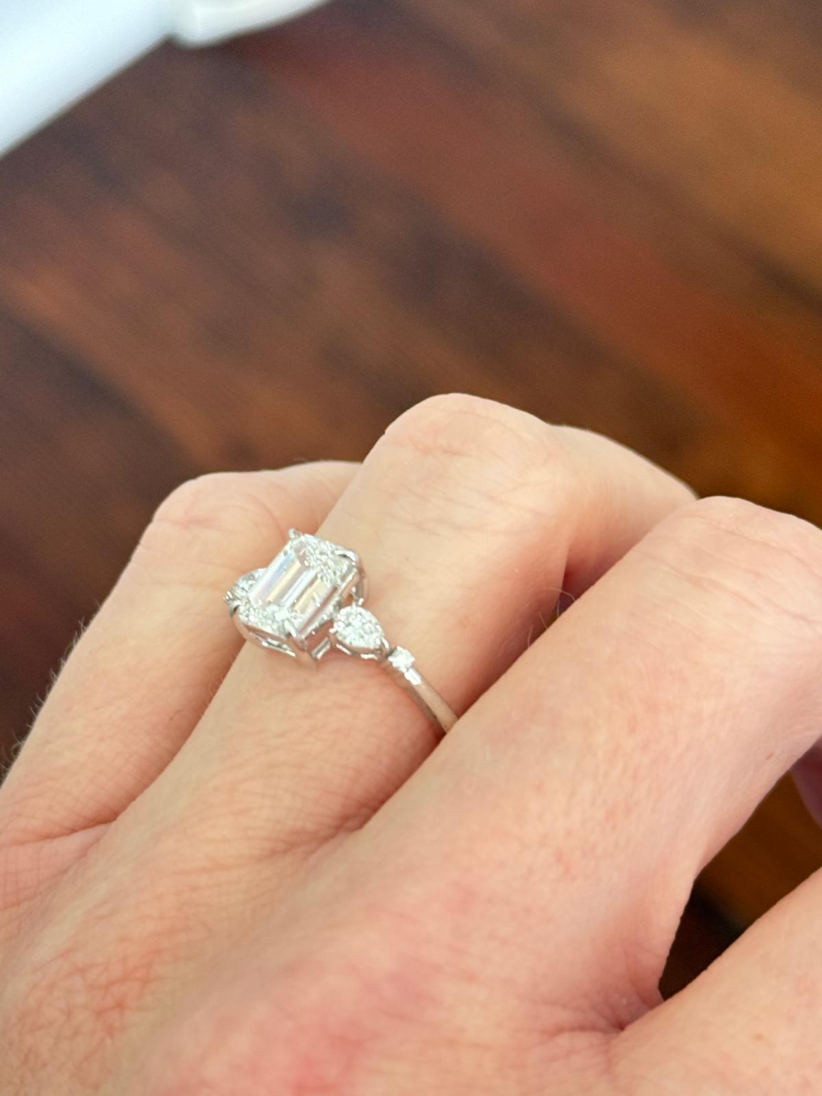 White Gold Emerald, Pear & Round Lab Diamond Ring