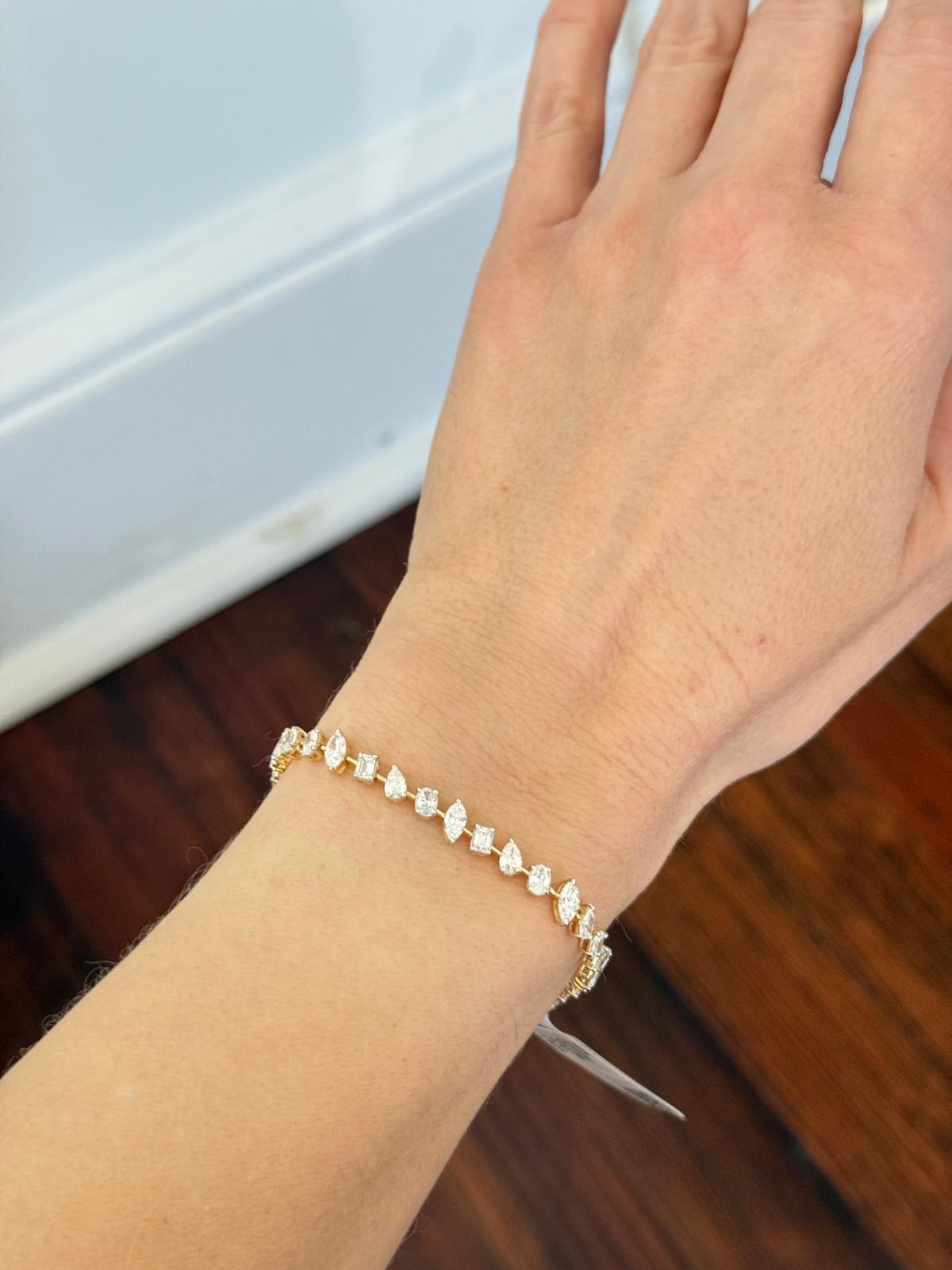 Yellow Gold 5.9ct Multi Shape Lab Diamond 7" Bracelet