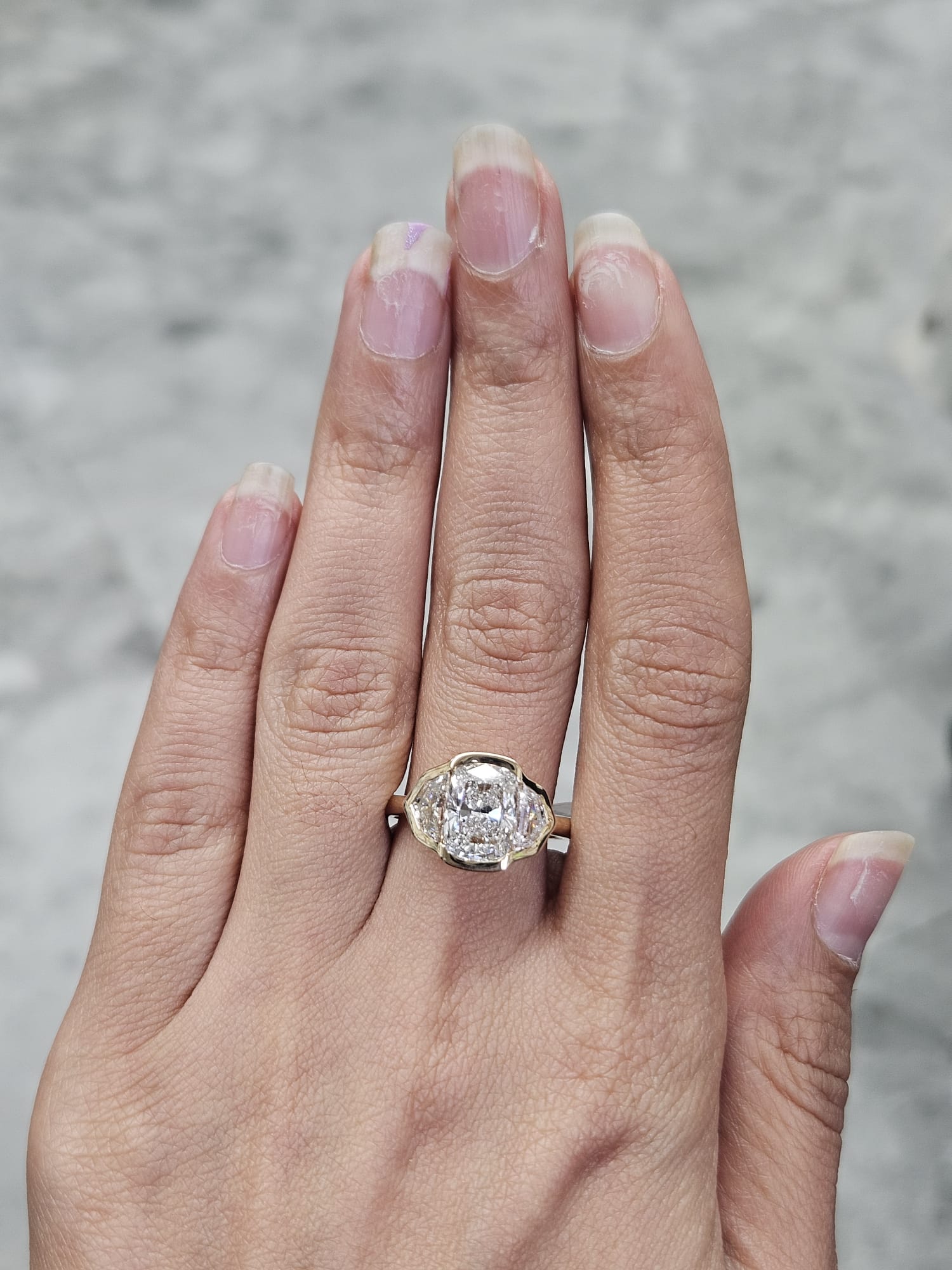 Yellow Gold Bezel Set 3 Stone Lab Diamond Ring