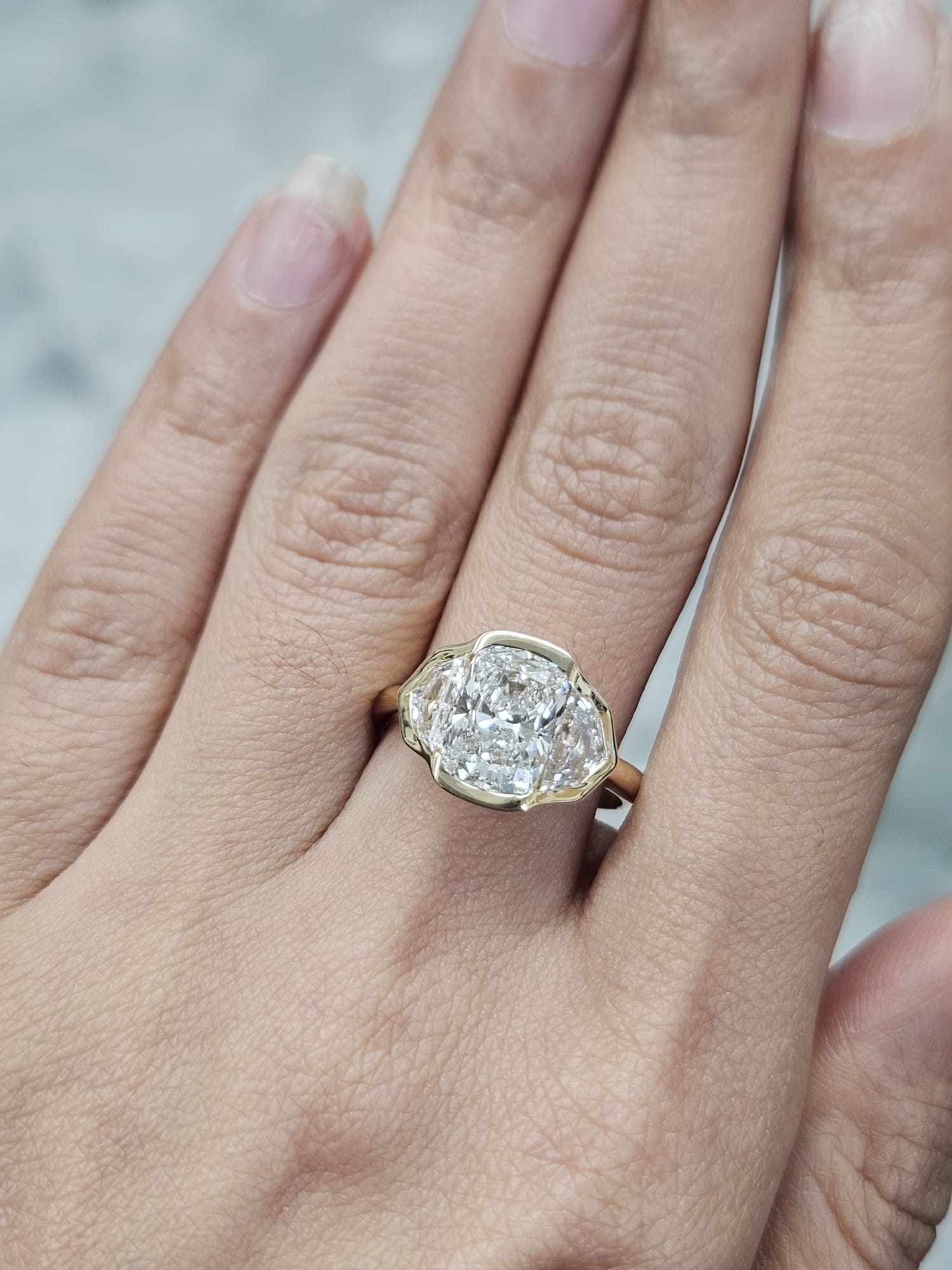 Yellow Gold Bezel Set 3 Stone Lab Diamond Ring