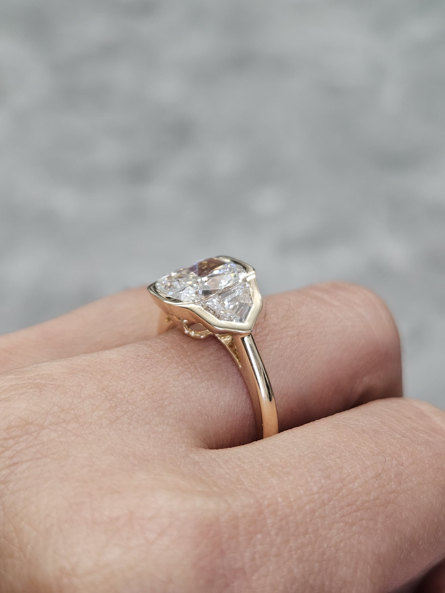 Yellow Gold Bezel Set 3 Stone Lab Diamond Ring