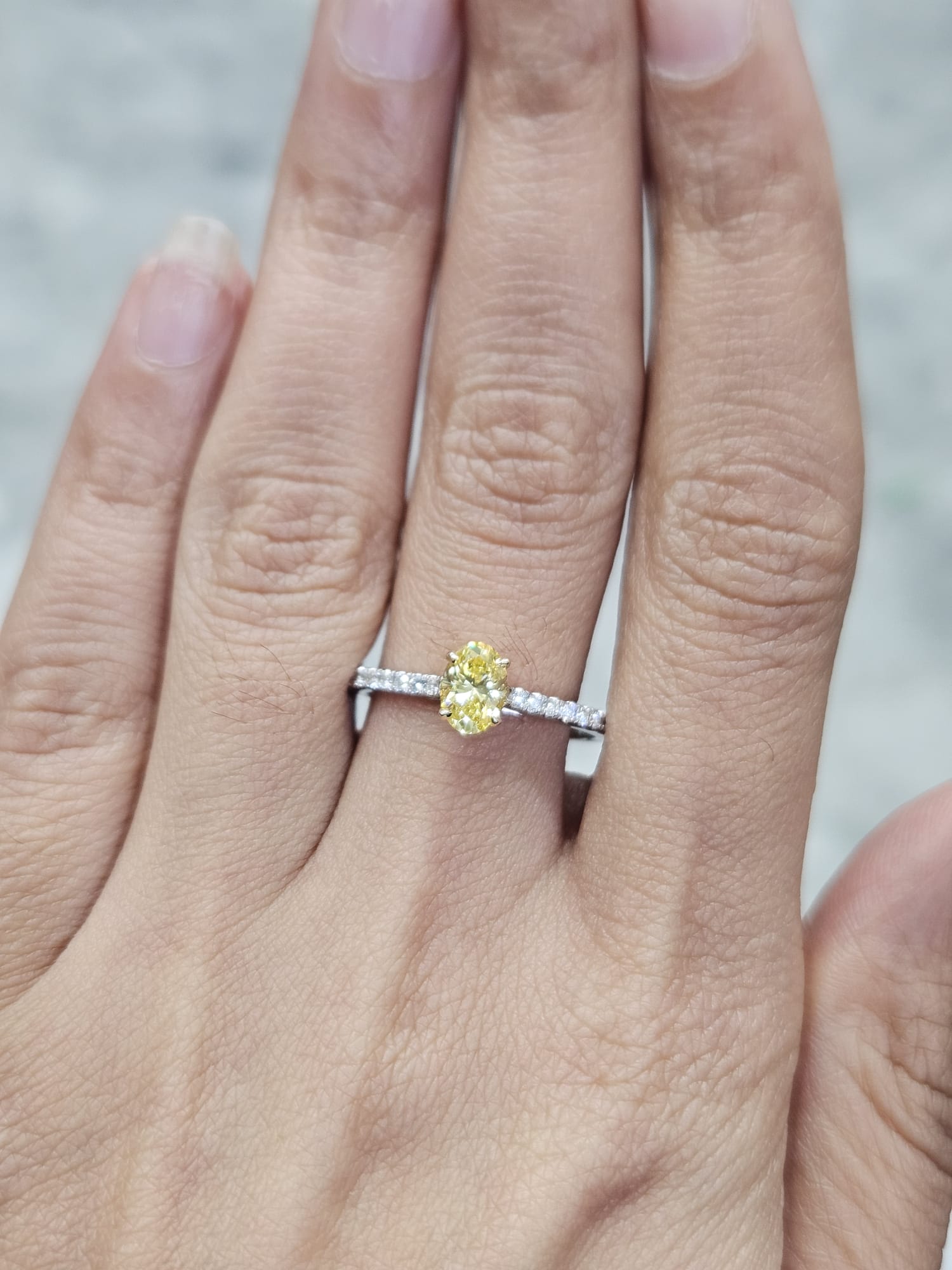 White Gold With Yellow Prongs Oval Lab Diamond Ring