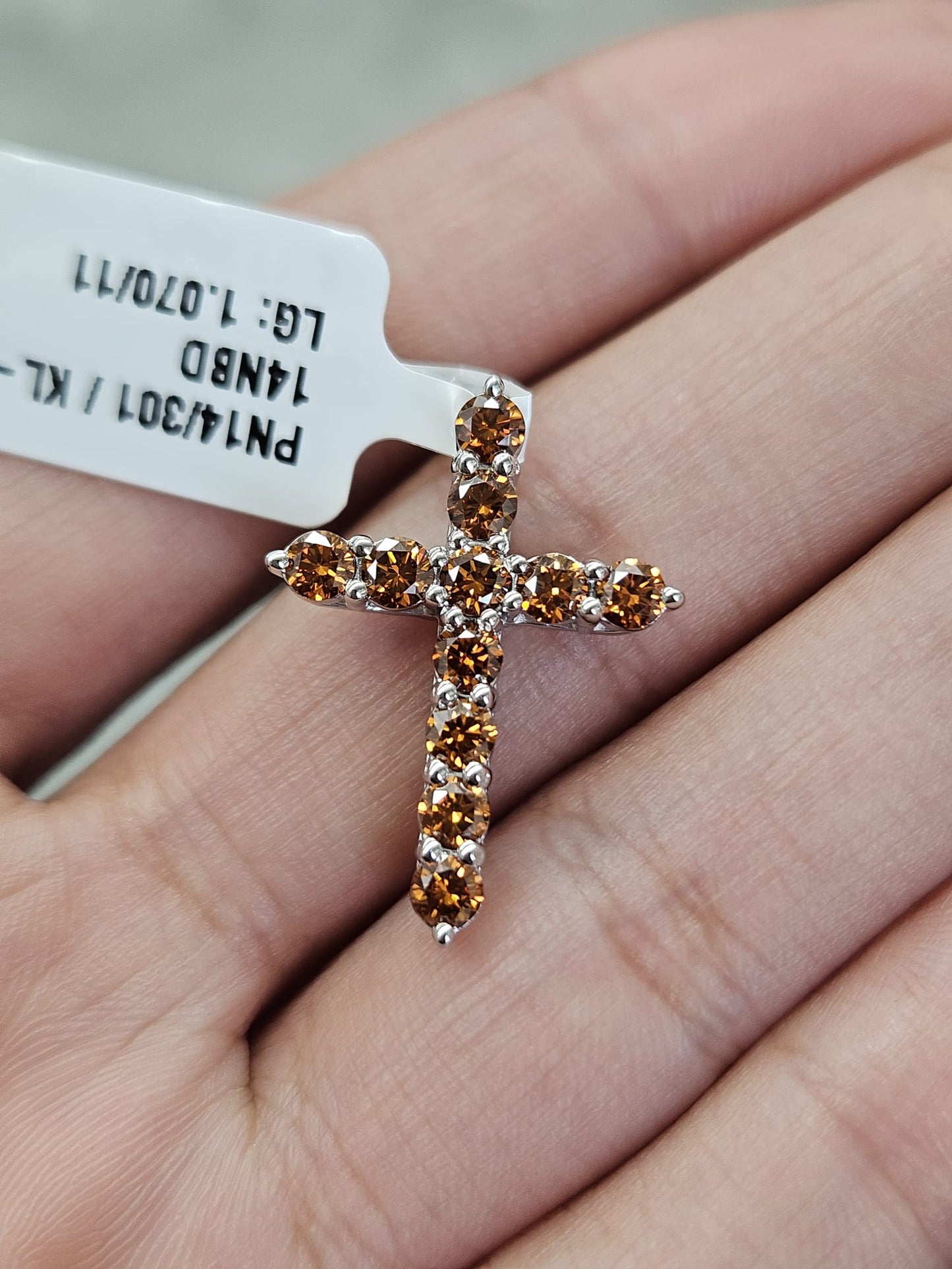 White Gold Cross with Orange Round Lab Diamond Pendant