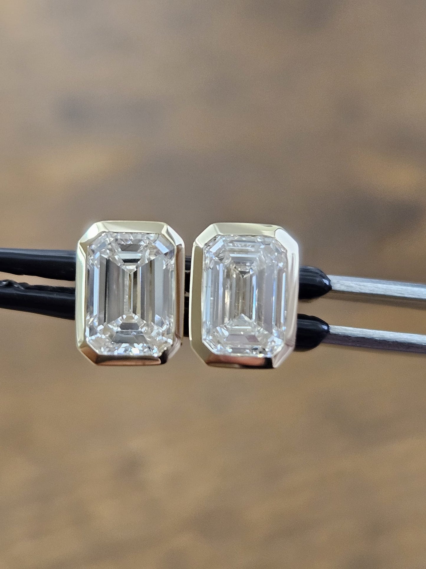 2.03Cttw Bezel Set Yellow Gold Emerald Shape Lab Diamond Earring