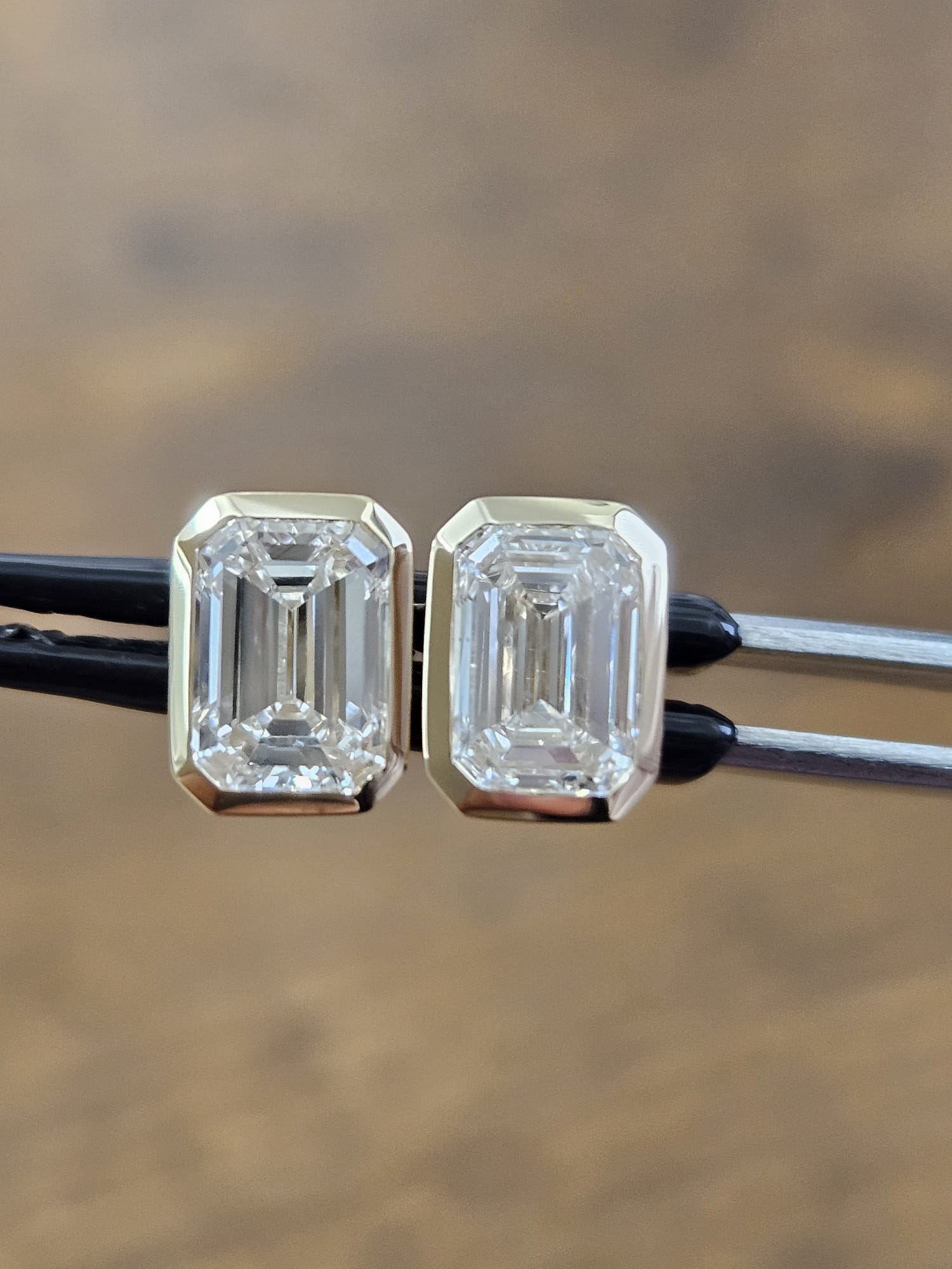 2.03Cttw Bezel Set Yellow Gold Emerald Shape Lab Diamond Earring