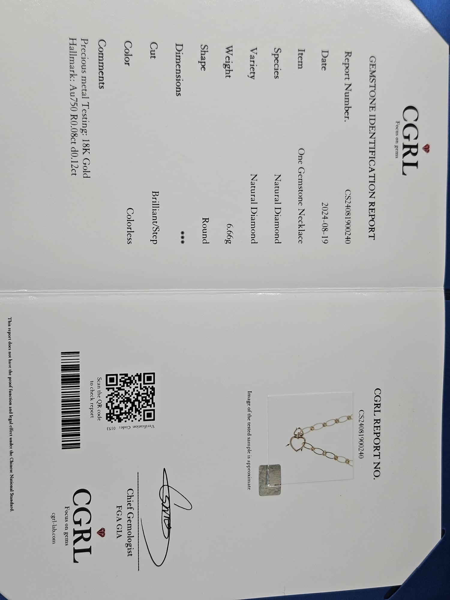 CGRL Certified Yellow Gold chain with Natural Diamond