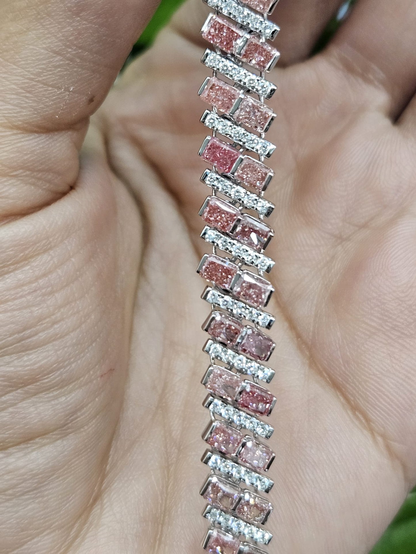 11.58Cttw White Gold Pink Radiant Shaped Lab Diamond 7.25" Bracelet