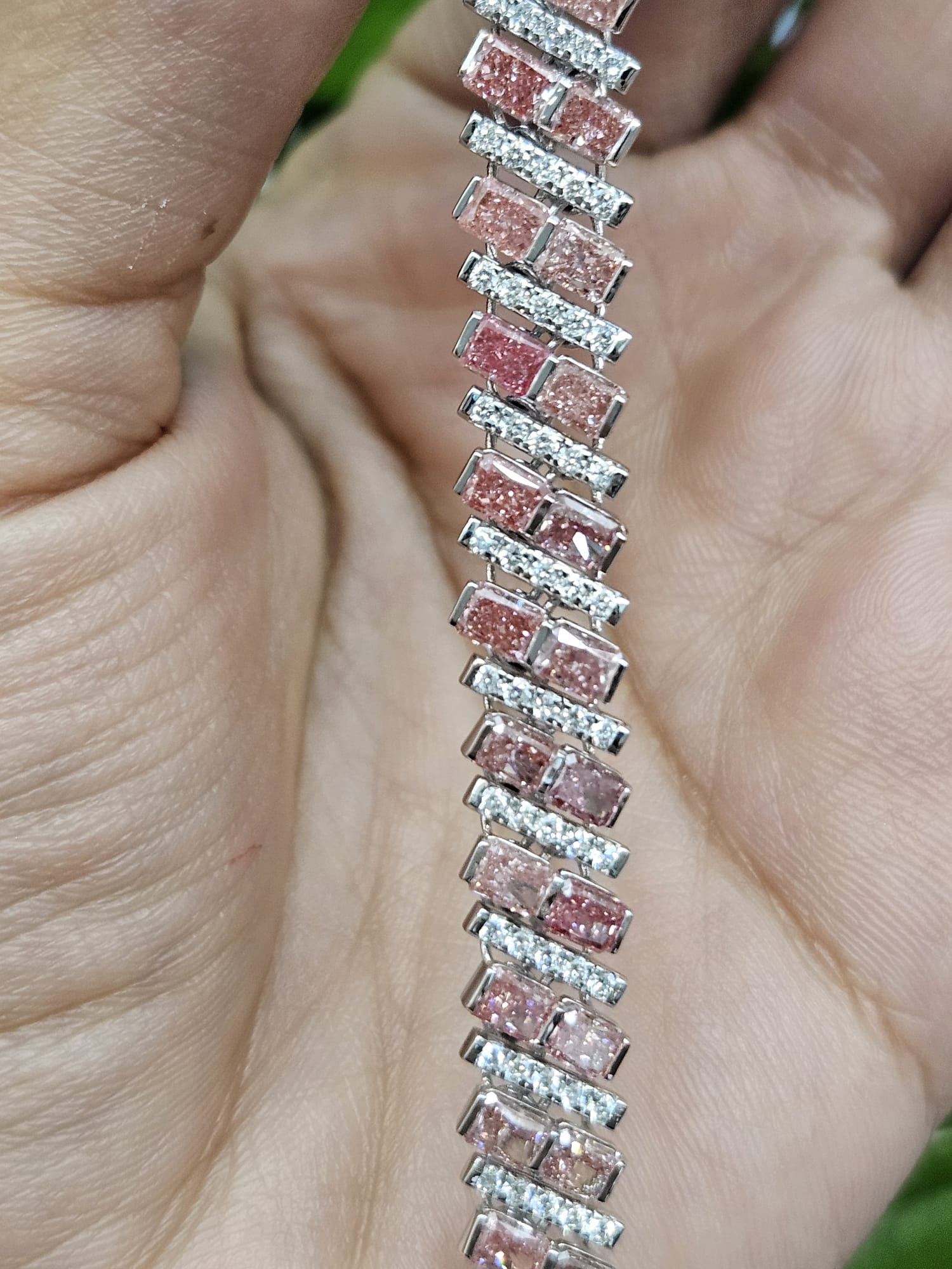11.58Cttw White Gold Pink Radiant Shaped Lab Diamond 7.25" Bracelet
