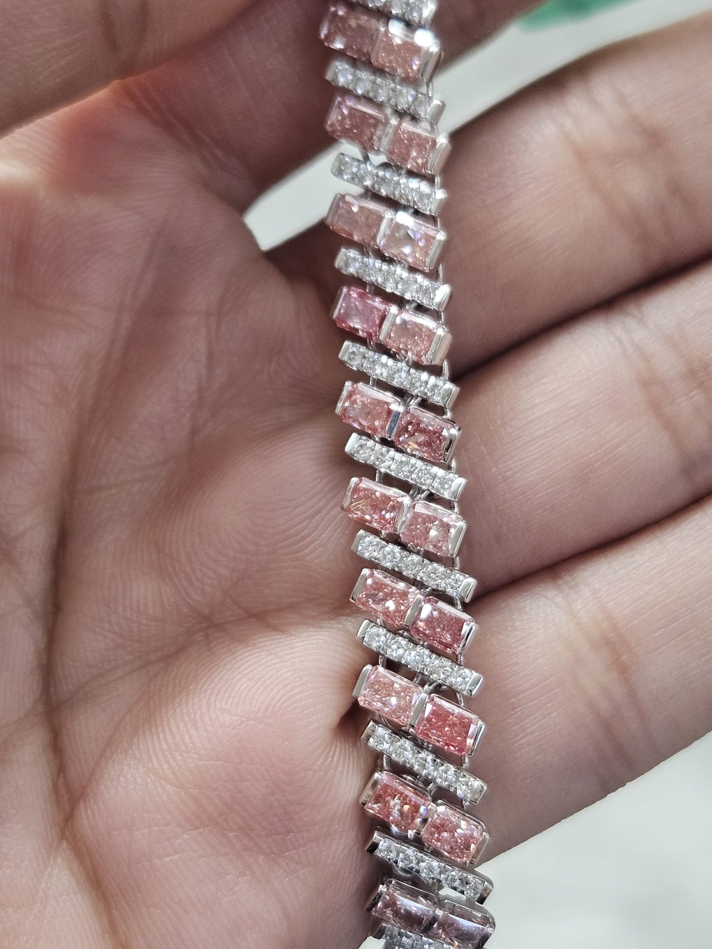 11.58Cttw White Gold Pink Radiant Shaped Lab Diamond 7.25" Bracelet