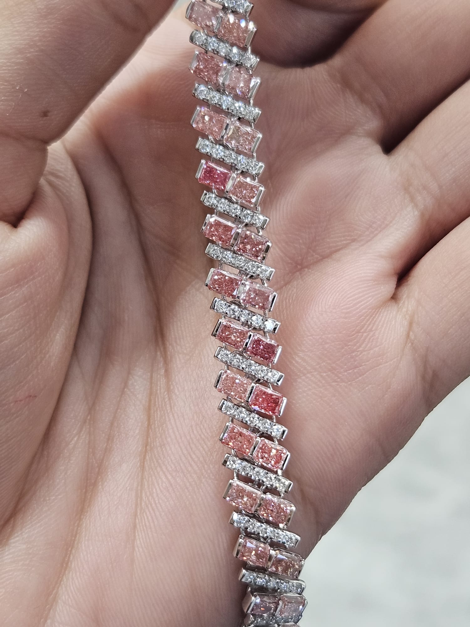 11.58Cttw White Gold Pink Radiant Shaped Lab Diamond 7.25" Bracelet