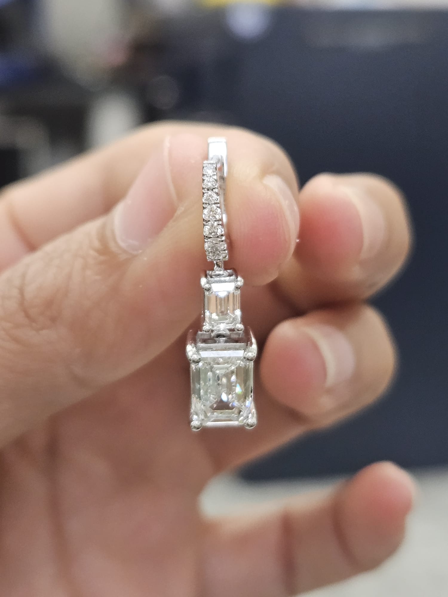 IGI White Gold Emerald Shaped Lab Diamond Dangle Earring