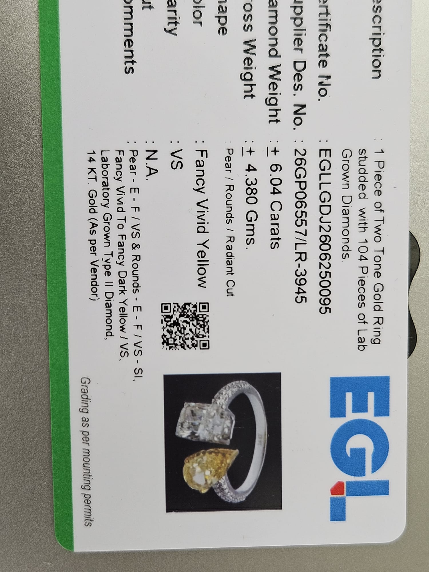 EGL Certified 6.04cttw Two tone Pear & Radiant Lab Diamond Ring