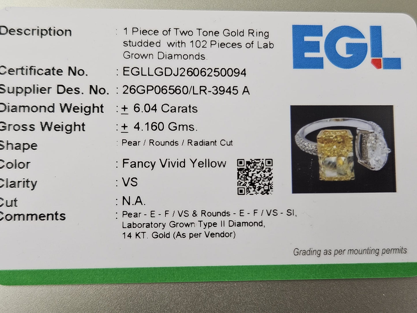 EGL Certified 6.04cttw two tone Yellow Radiant & White Pear lab diamond Ring