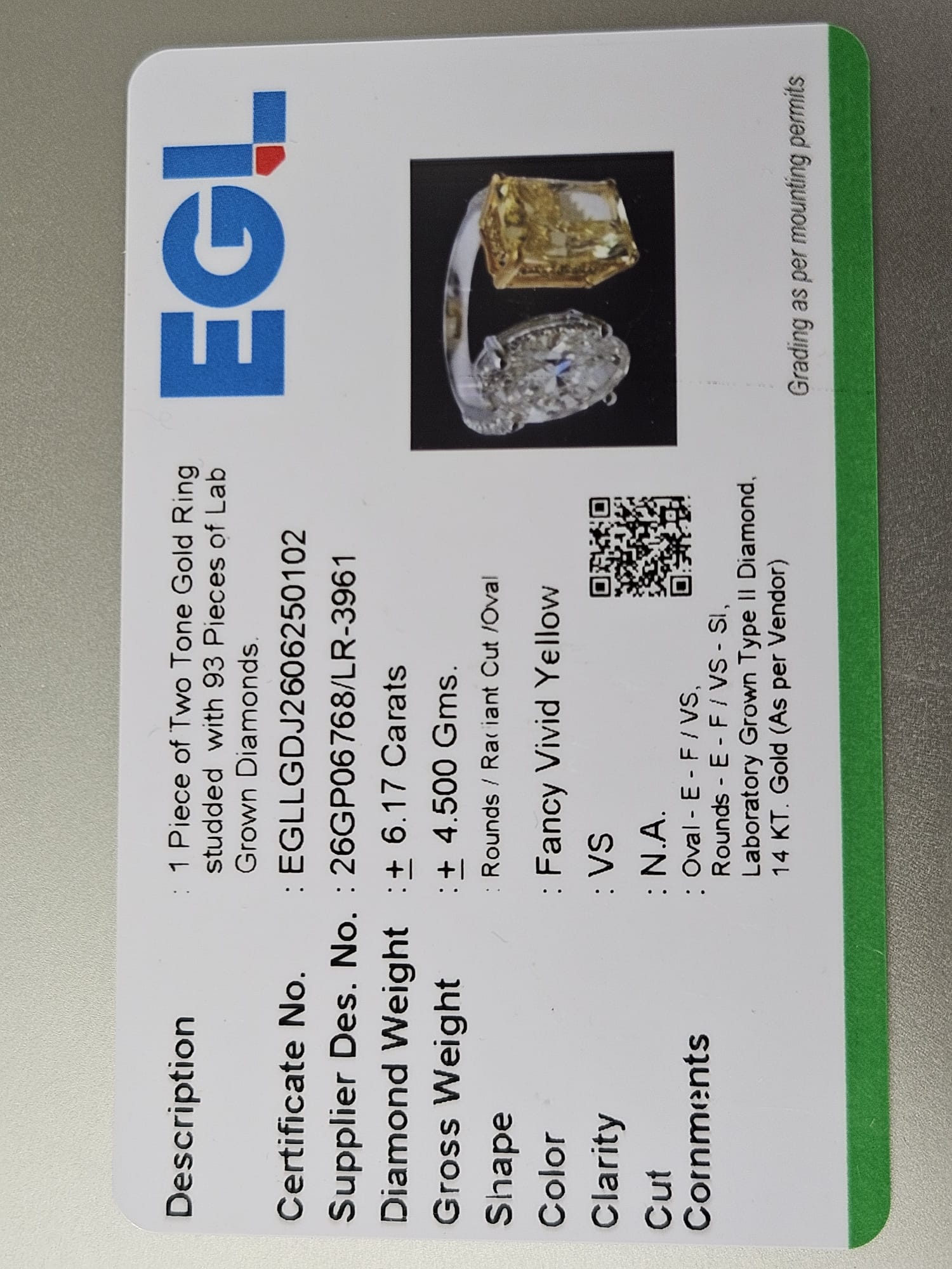 EGL Certified 6.17cttw Two Tone Yellow Radiant & White Oval Lab Diamond Ring