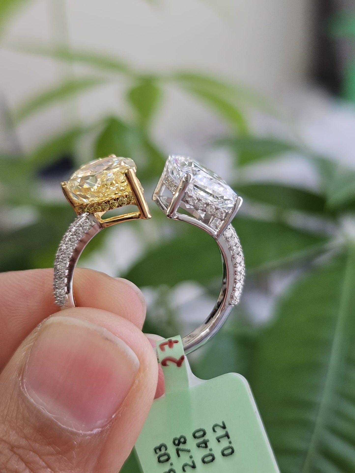 EGL Certified 6.33ct Two Tone Yellow Pear & White Radiant Lab Diamond Ring