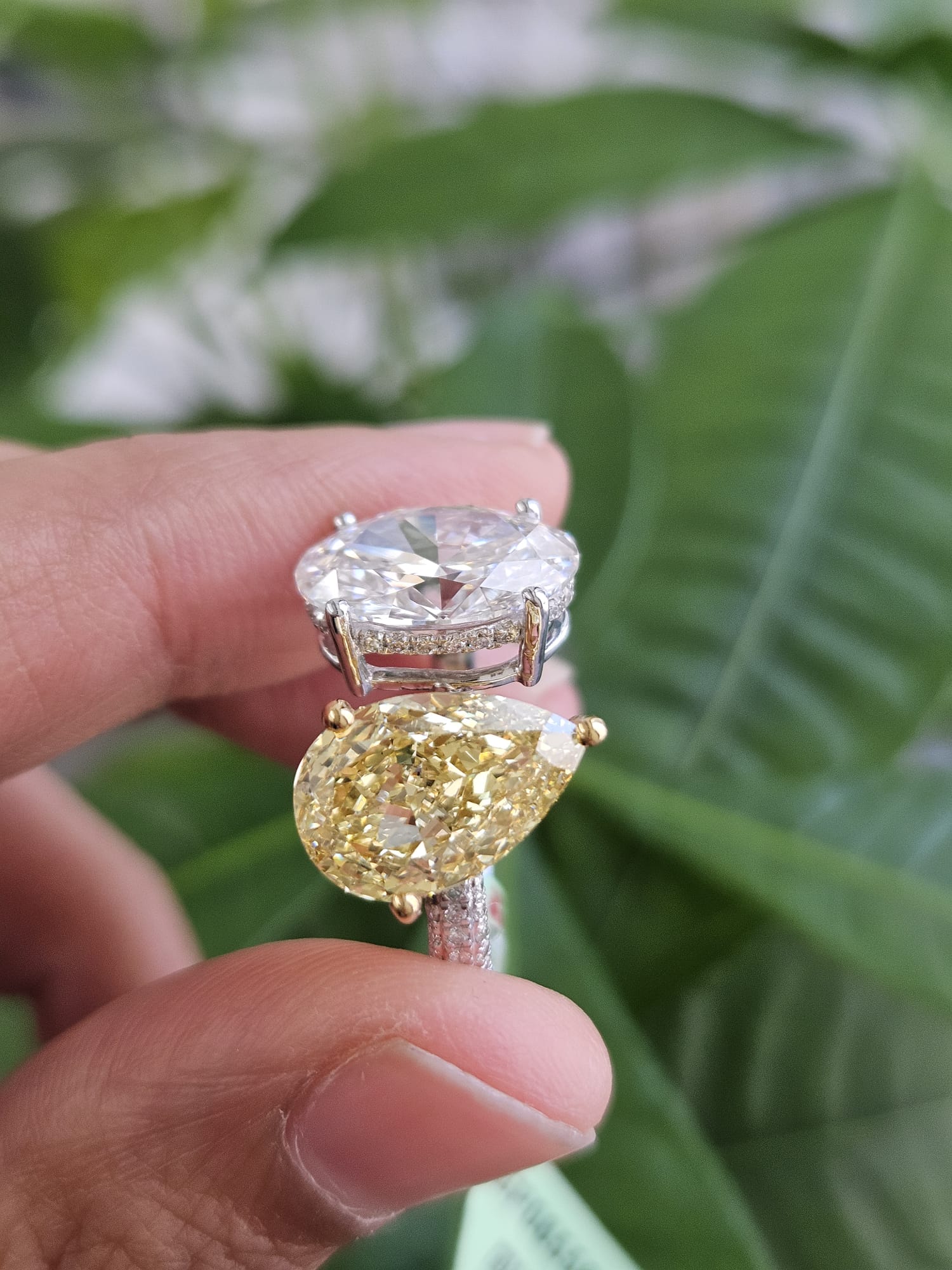 EGL Certified 6.74cttw Two Tone Yellow Pear & White Oval Lab Diamond Ring