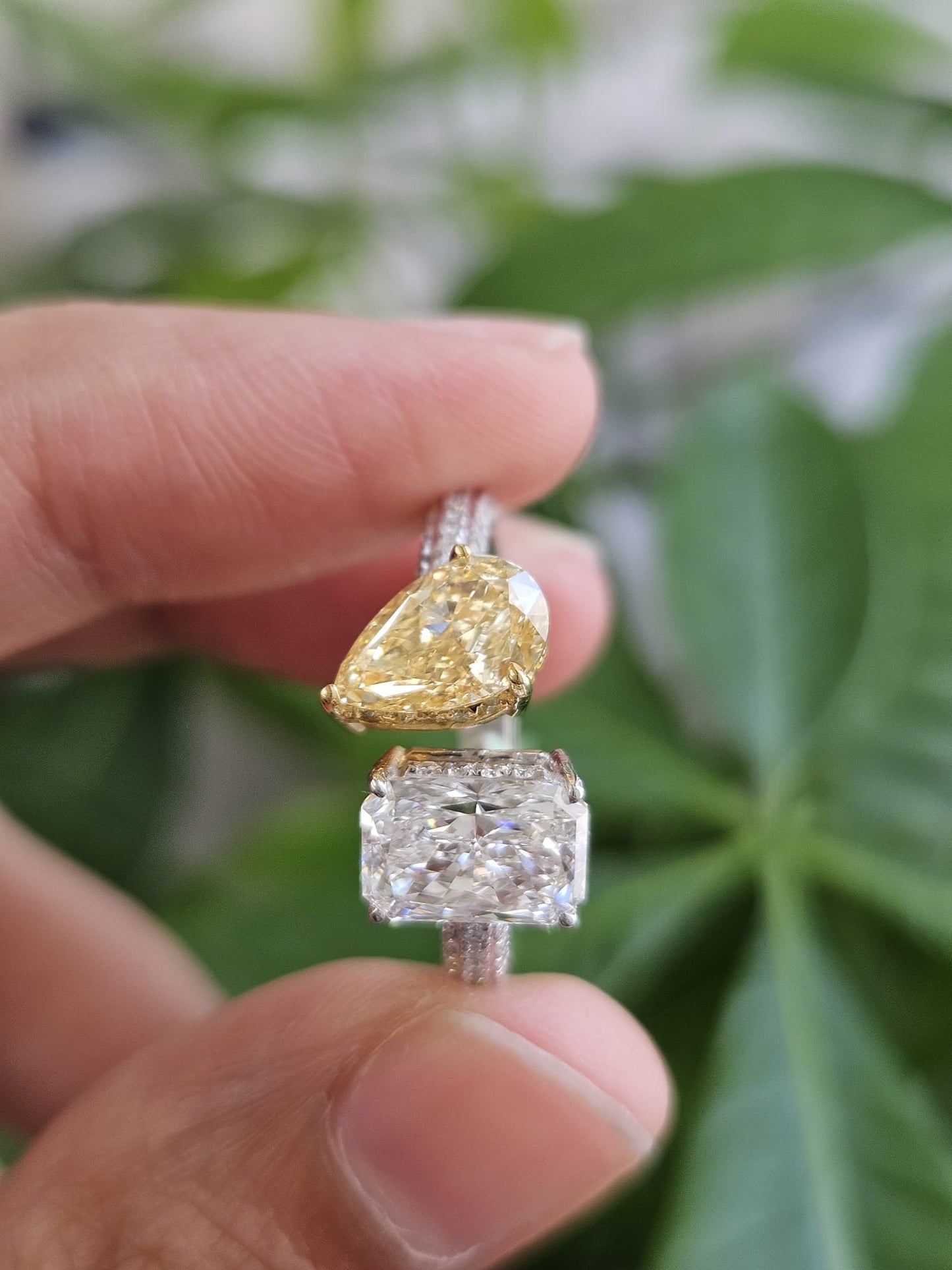 EGL Certified 3.07cttw Two Tone Yellow Pear & White Radiant Lab Diamond Ring
