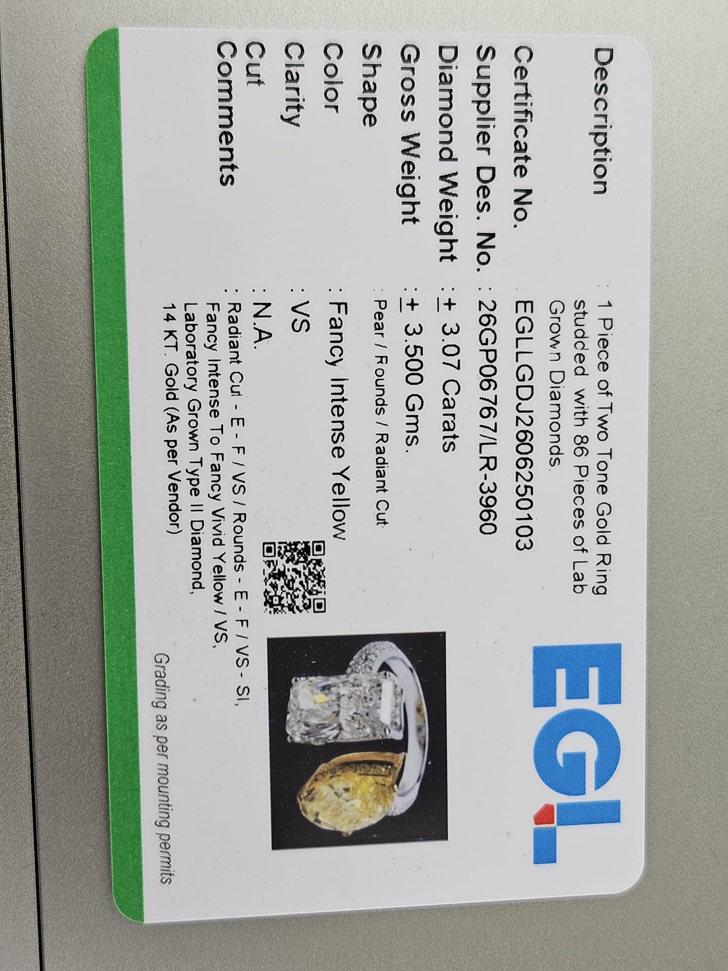 EGL Certified 3.07cttw Two Tone Yellow Pear & White Radiant Lab Diamond Ring