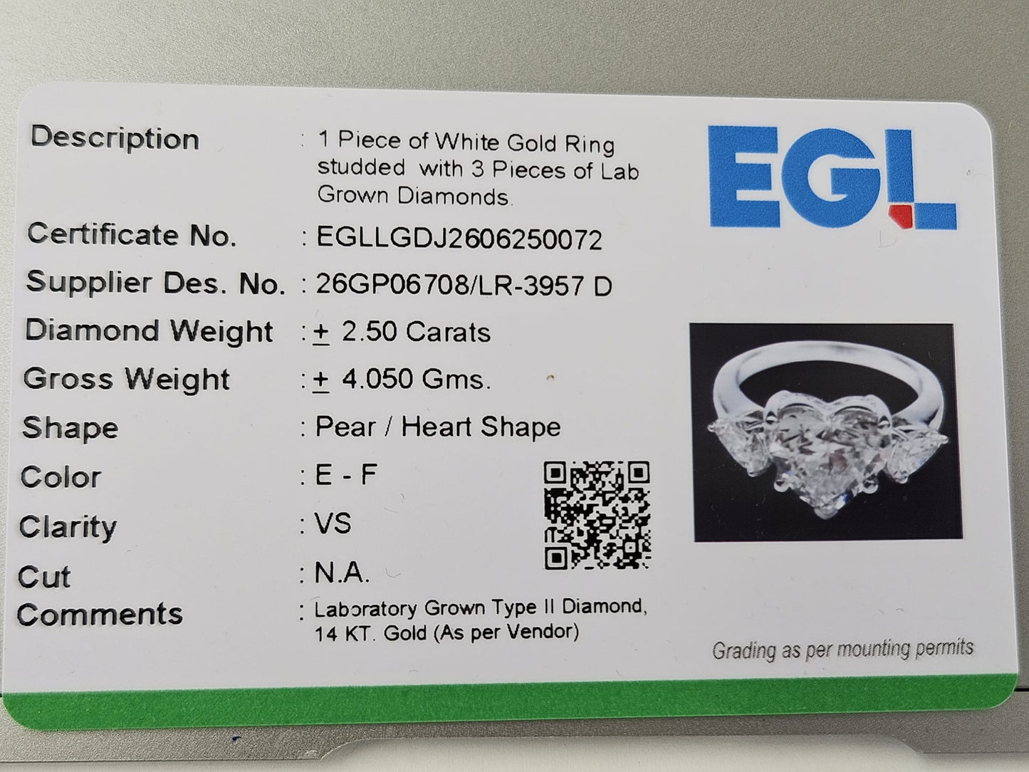 EGL Certified 2.50cttw Heart Shape White Gold Lab Diamond Ring