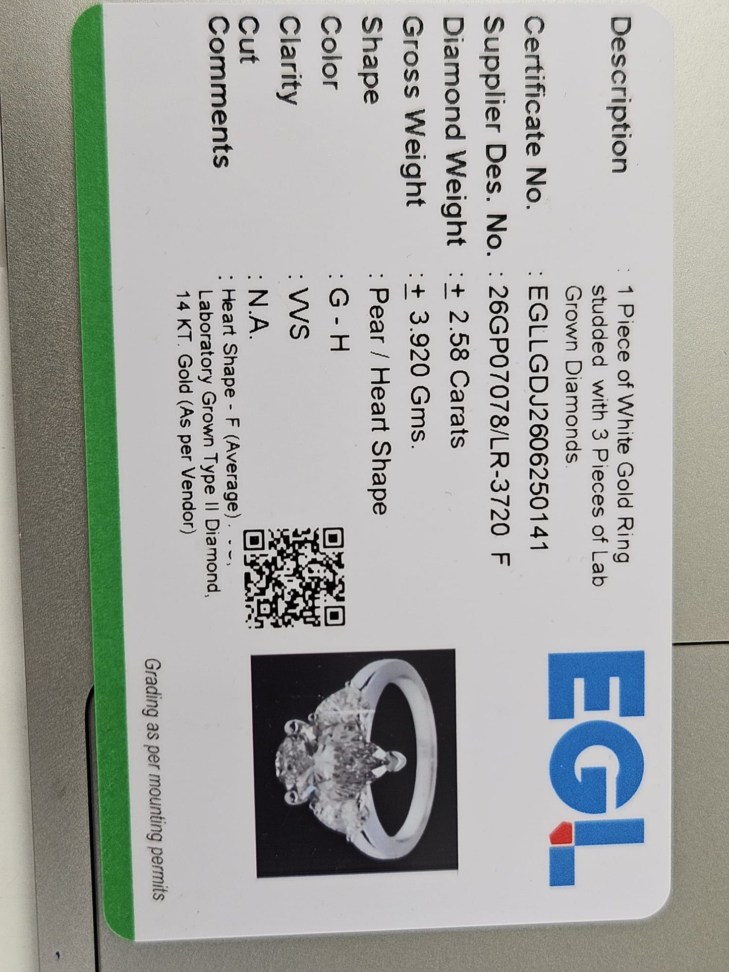 EGL Certified 2.58cttw White Gold Pear & Heart Shape Lab Diamond Ring
