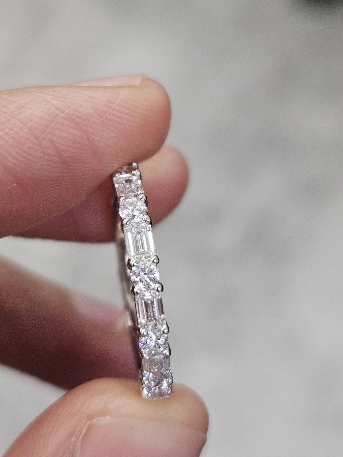 14K White Gold Round & Emerald Half Way Eternity Band