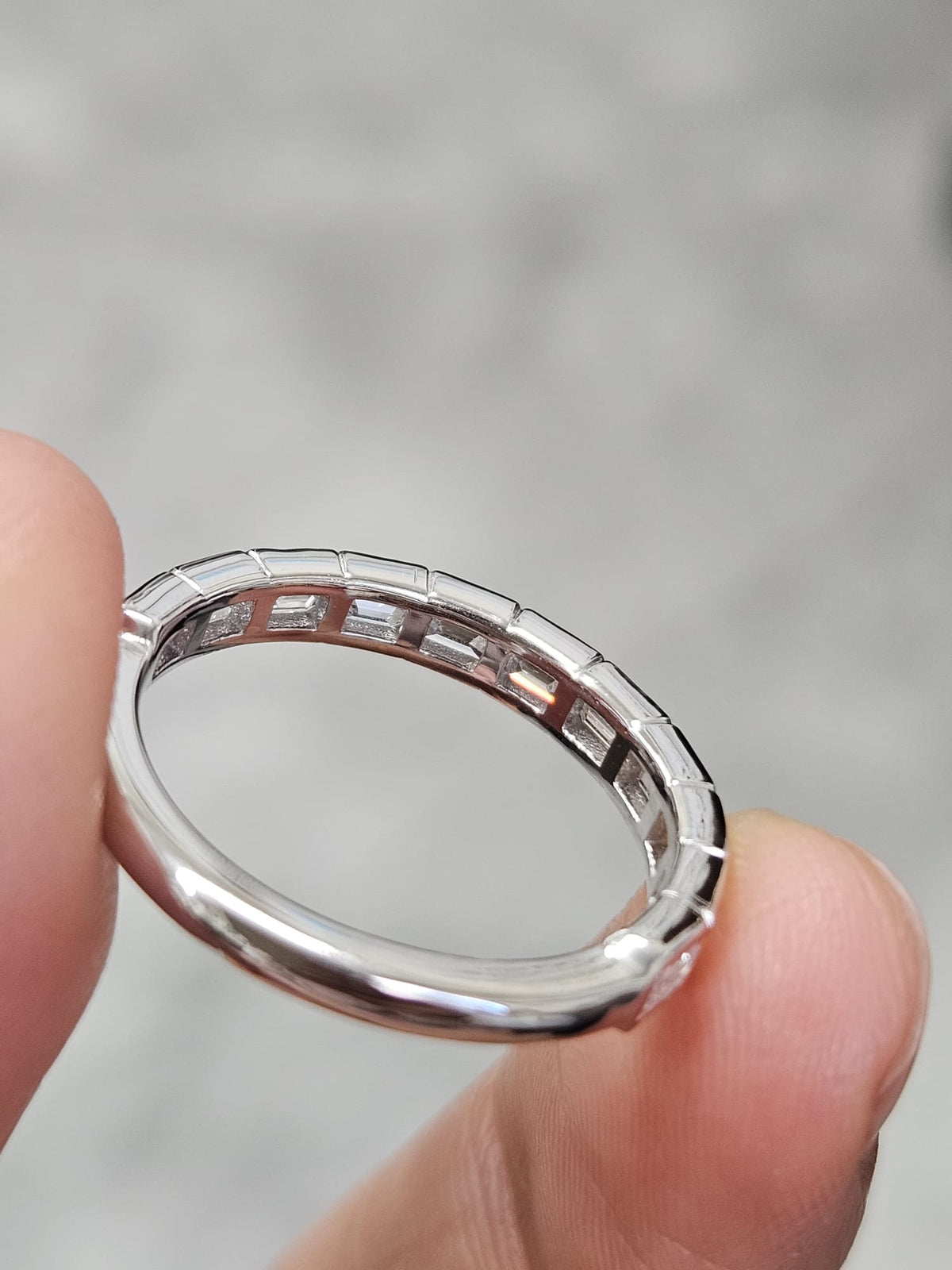 Custom Made 14K White Gold Bezel Set E/W Half way Emerald Lab Diamond Eternity Band