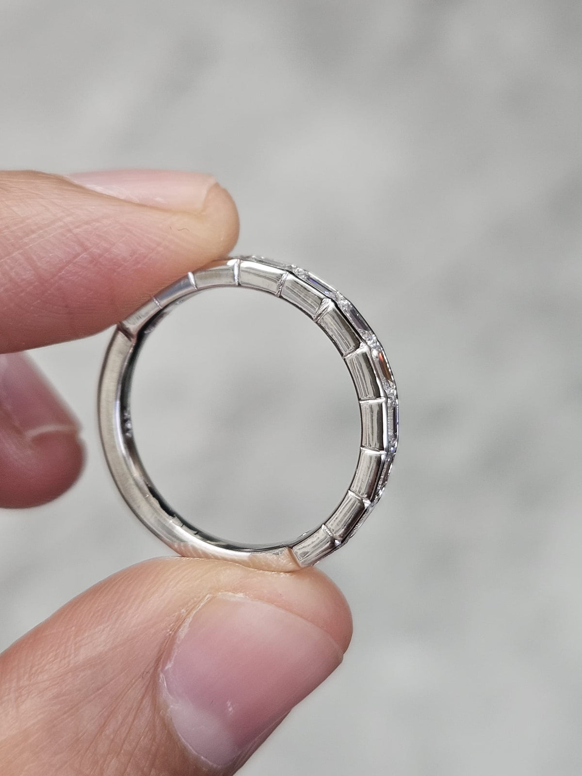 Custom Made 14K White Gold Bezel Set E/W Half way Emerald Lab Diamond Eternity Band