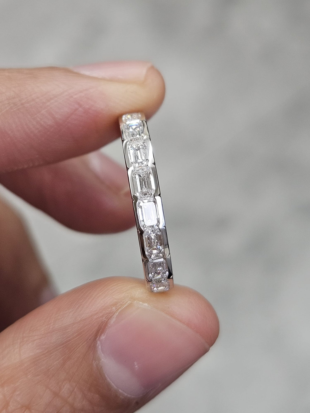Custom Made 14K White Gold Bezel Set E/W Half way Emerald Lab Diamond Eternity Band