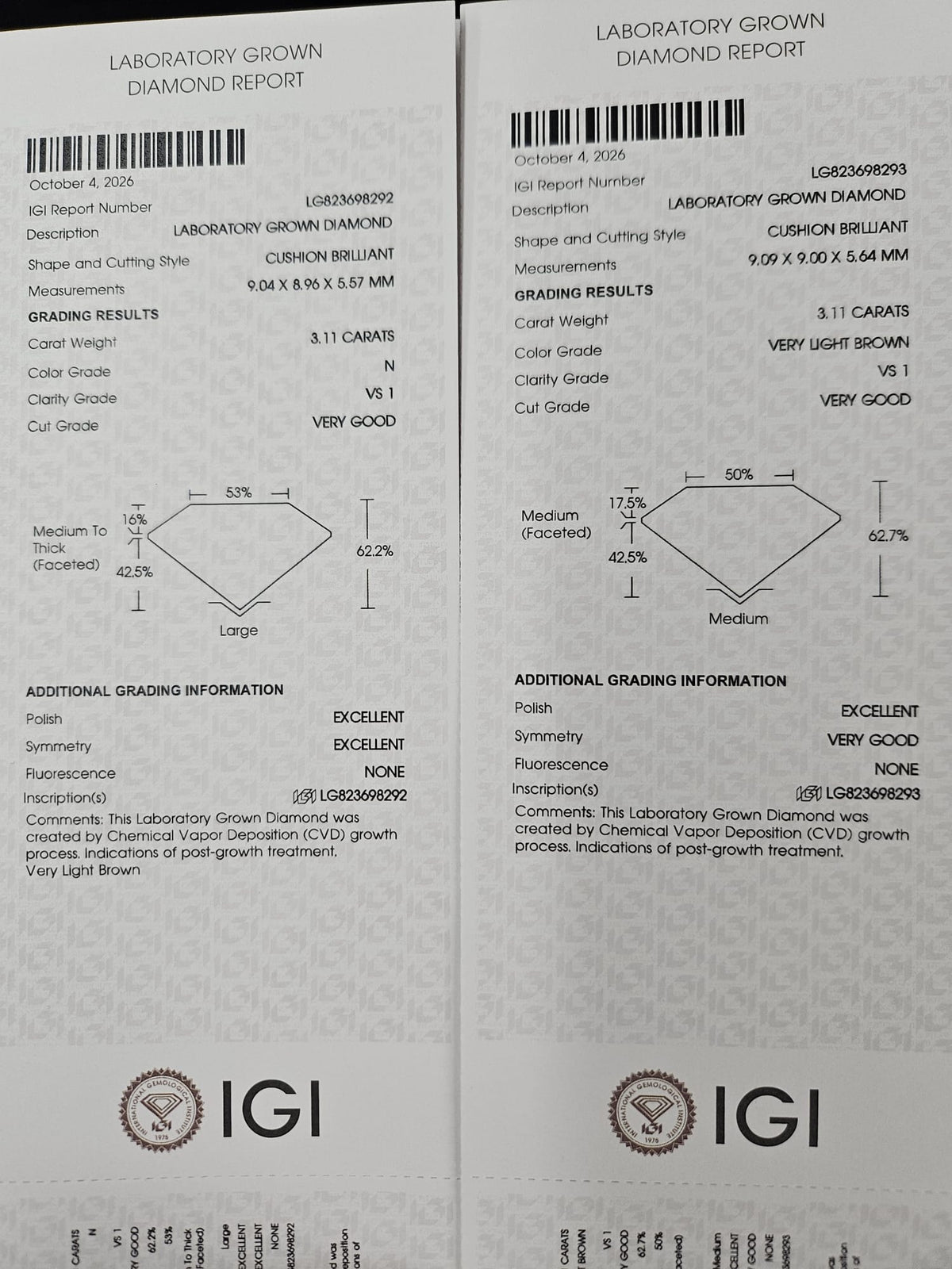 IGI 3.11CT + 3.11CT LIGHT BROWN CUSHION PAIR VS1 (N VS1)
