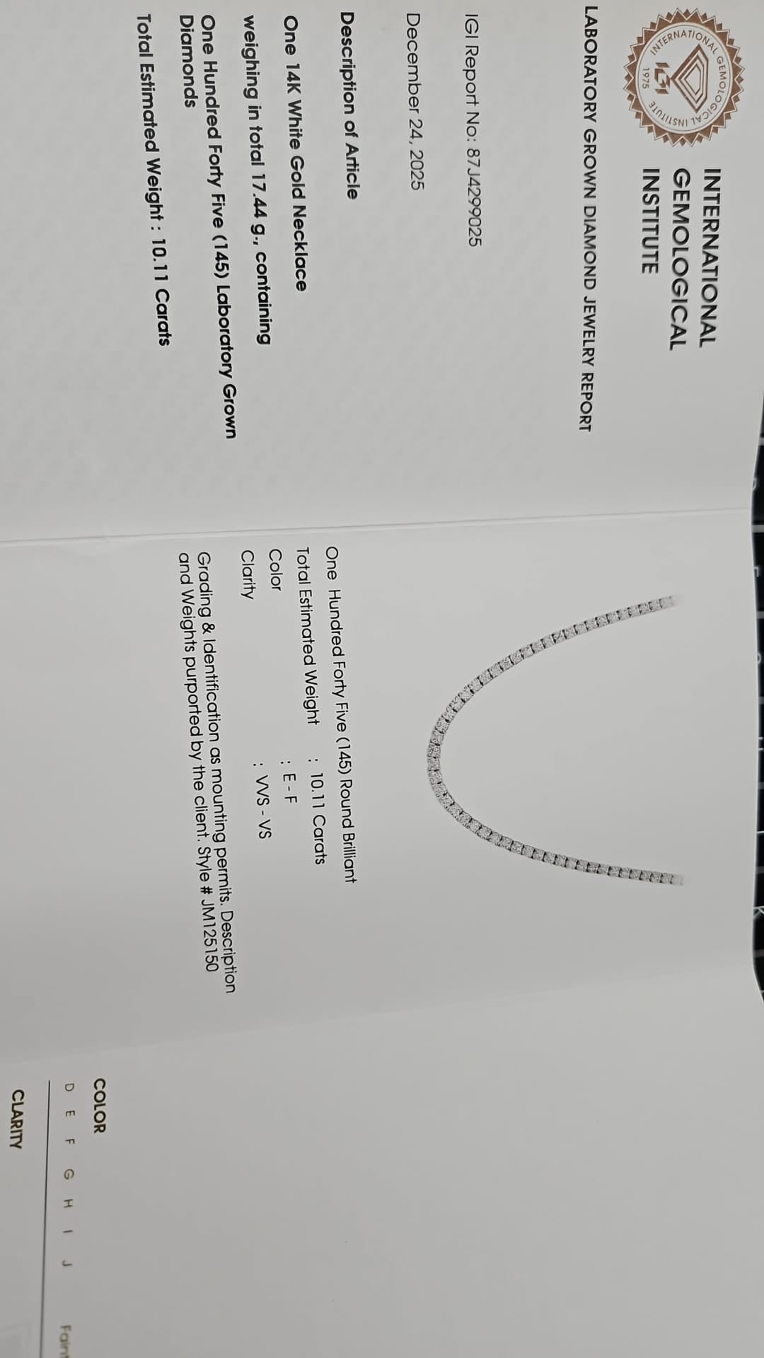 IGI Certified 10.11ct Lab Diamond 17" Tennis Necklace In White Gold