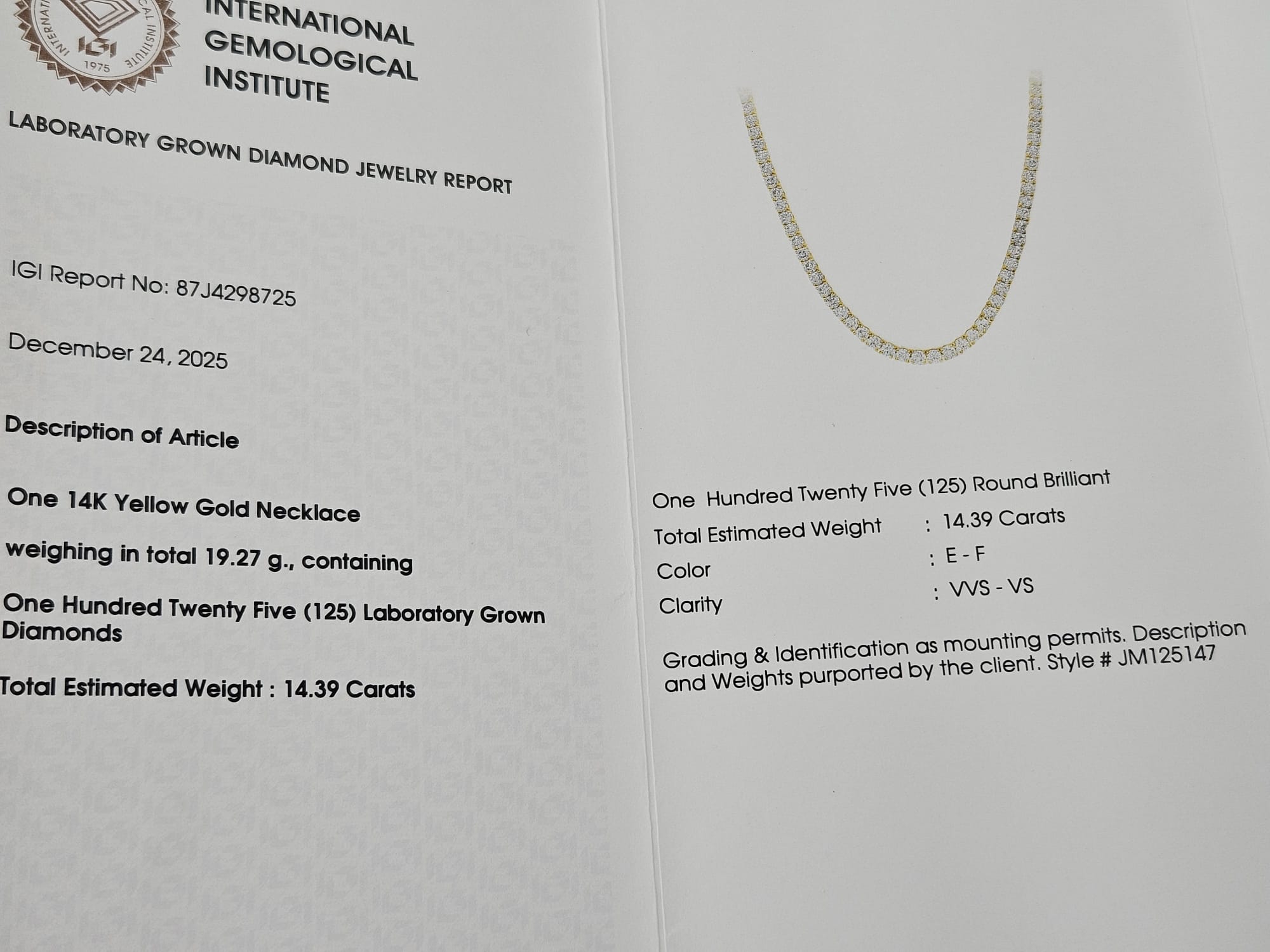 IGI Certified 14.39ct lab Diamond 17" Tennis Necklace in Yellow Gold