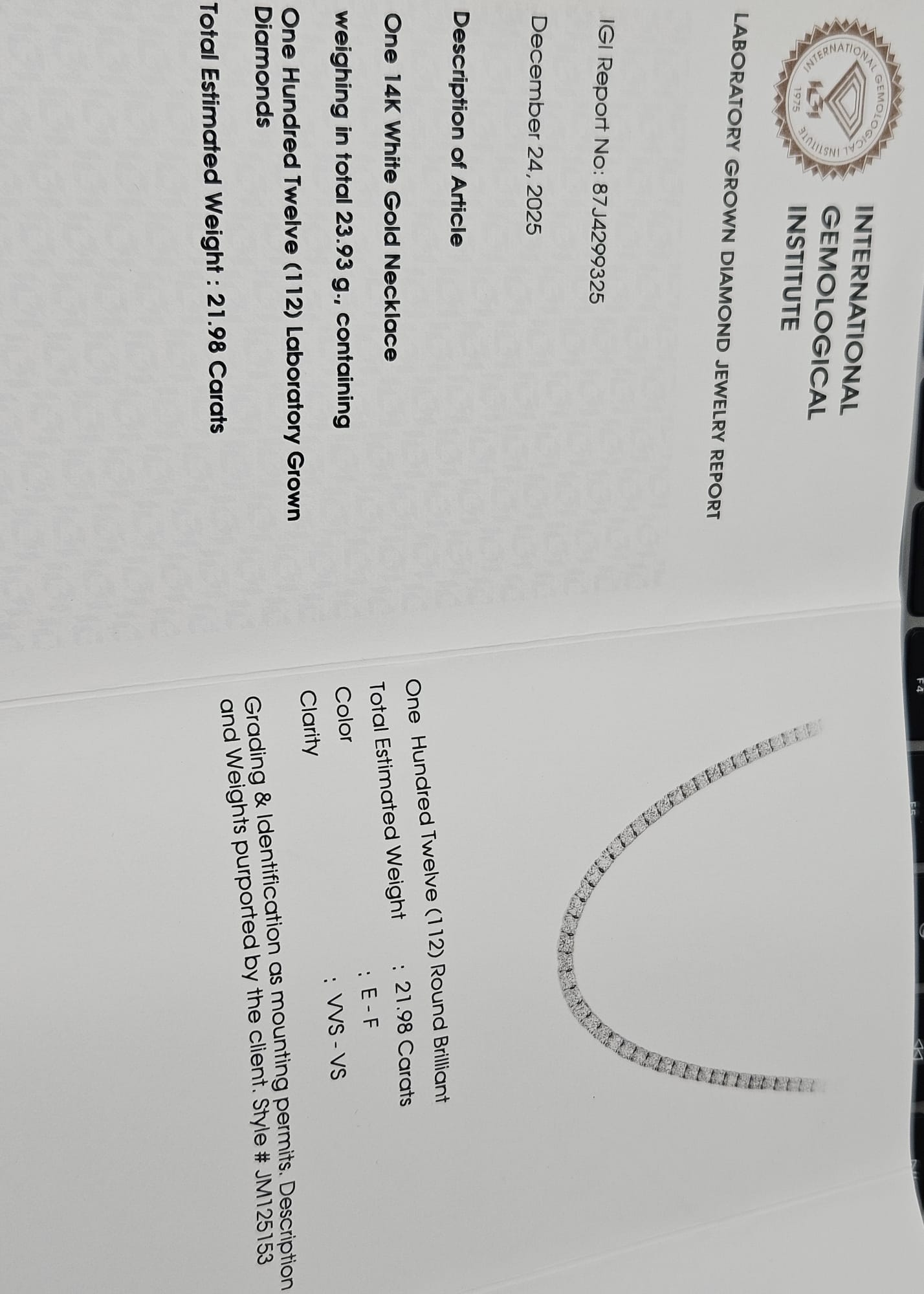 IGI Certified 21.98ct 17" Tennis Necklace in 14K White Gold