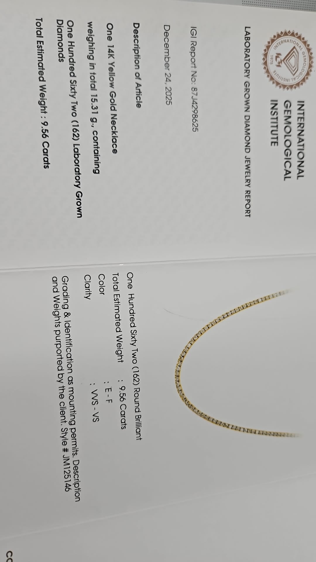 IGI Certified 9.56ct 17" Tennis Necklace 14K Yellow Gold