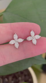 White gold flower stud earrings with marquise lab diamonds and push backs