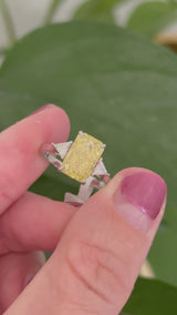 White gold radiant yellow lab diamond and trillion cut white lab diamond ring