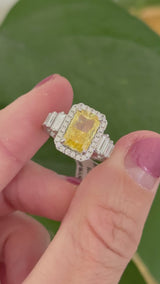 White gold radiant yellow lab diamond and baguette and round lab diamond ring