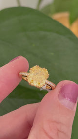 Yellow gold cushion cut yellow lab diamond and white lab diamond ring